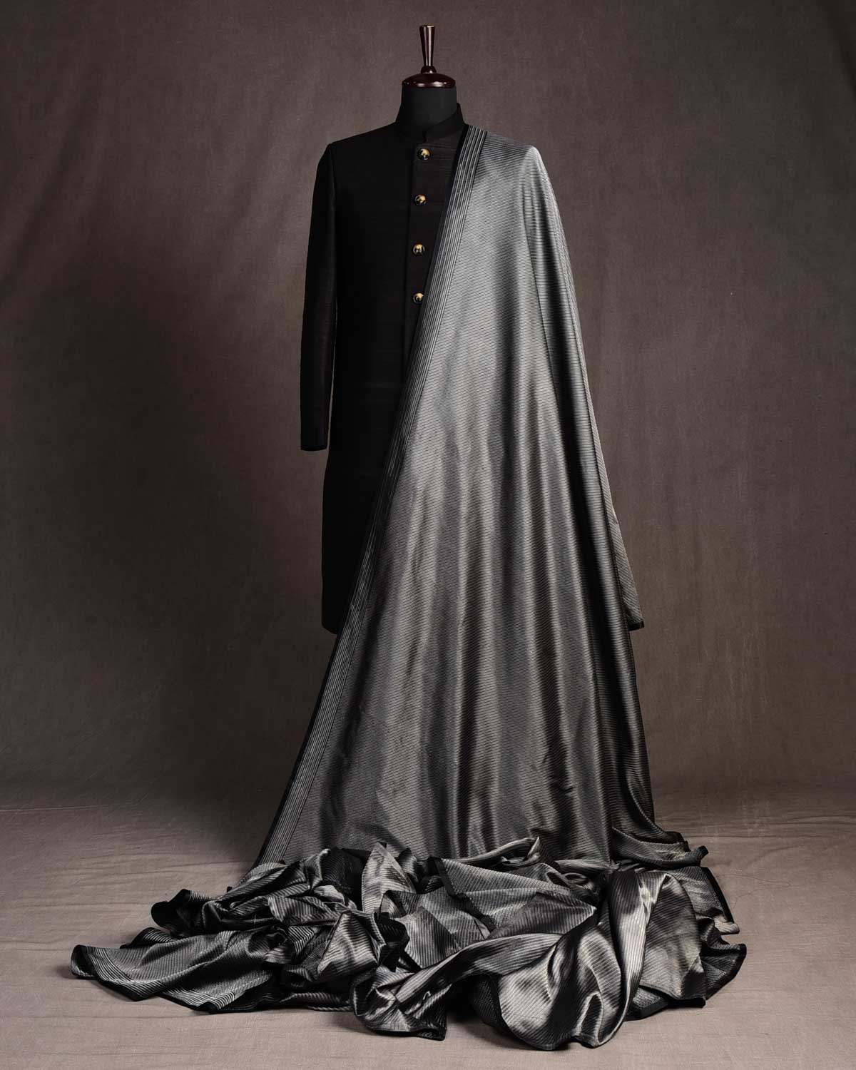 Metallic Black Carbon Fiber Satin Tanchoi Handwoven Katan Silk Banarasi Fabric-HolyWeaves