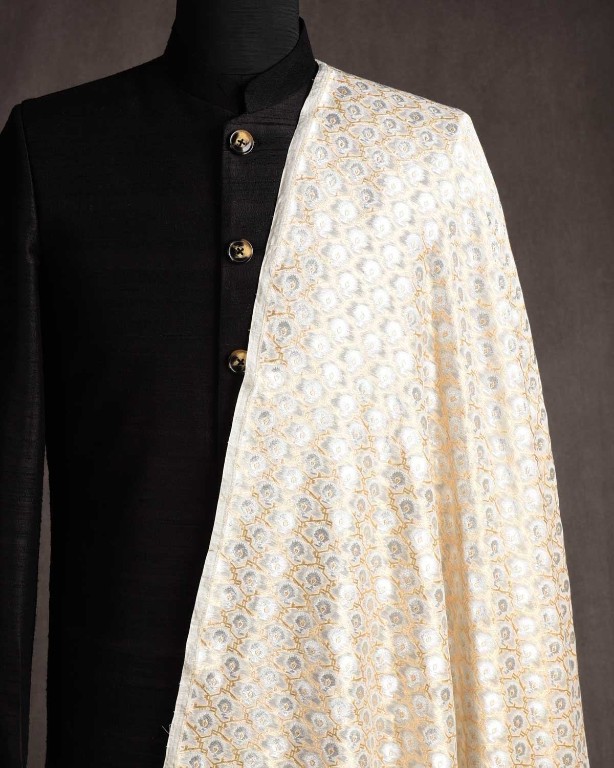 Ivory White Classical Jangla Cutwork Brocade Woven Cotton Silk Banarasi Fabric-HolyWeaves