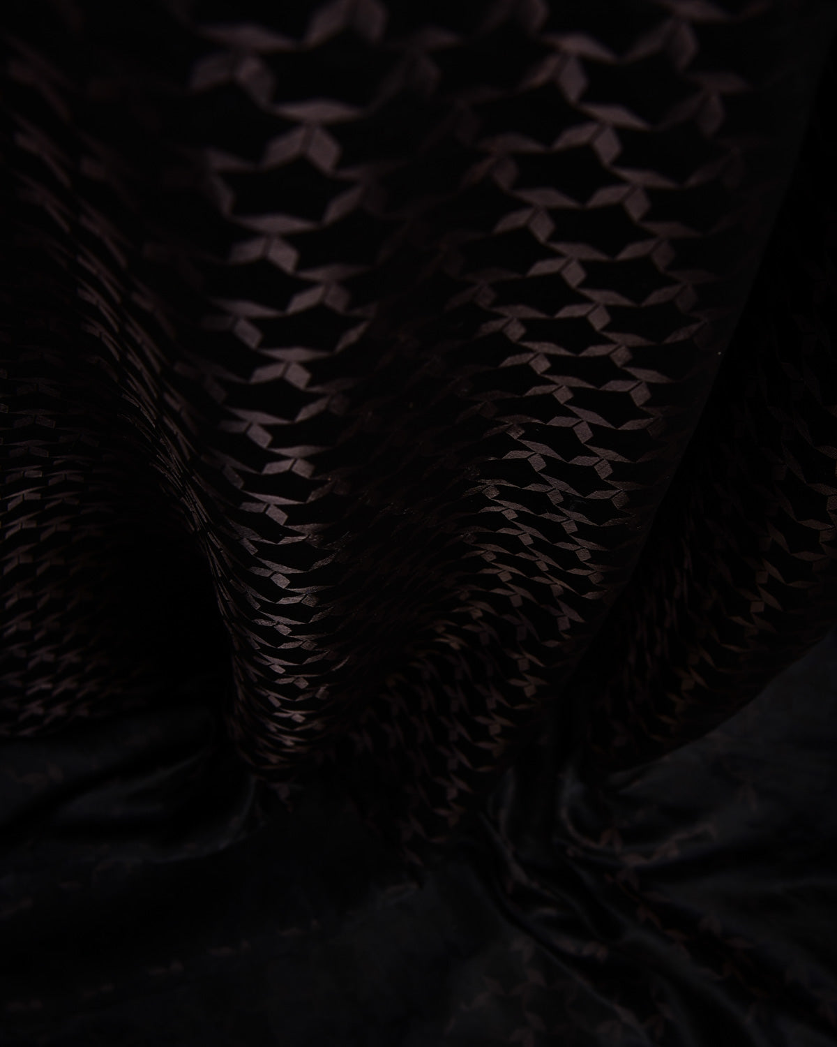 Black Kaleidoscopic Stars Satin Tanchoi Handwoven Katan Silk Banarasi Fabric-HolyWeaves