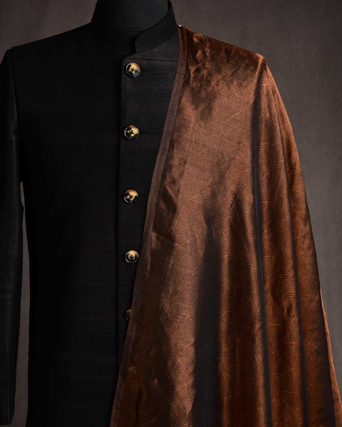 Metallic Amber Brown WATERMARK Ilusion Honeycomb Brocade Woven Kora Tissue Banarasi Fabric-HolyWeaves