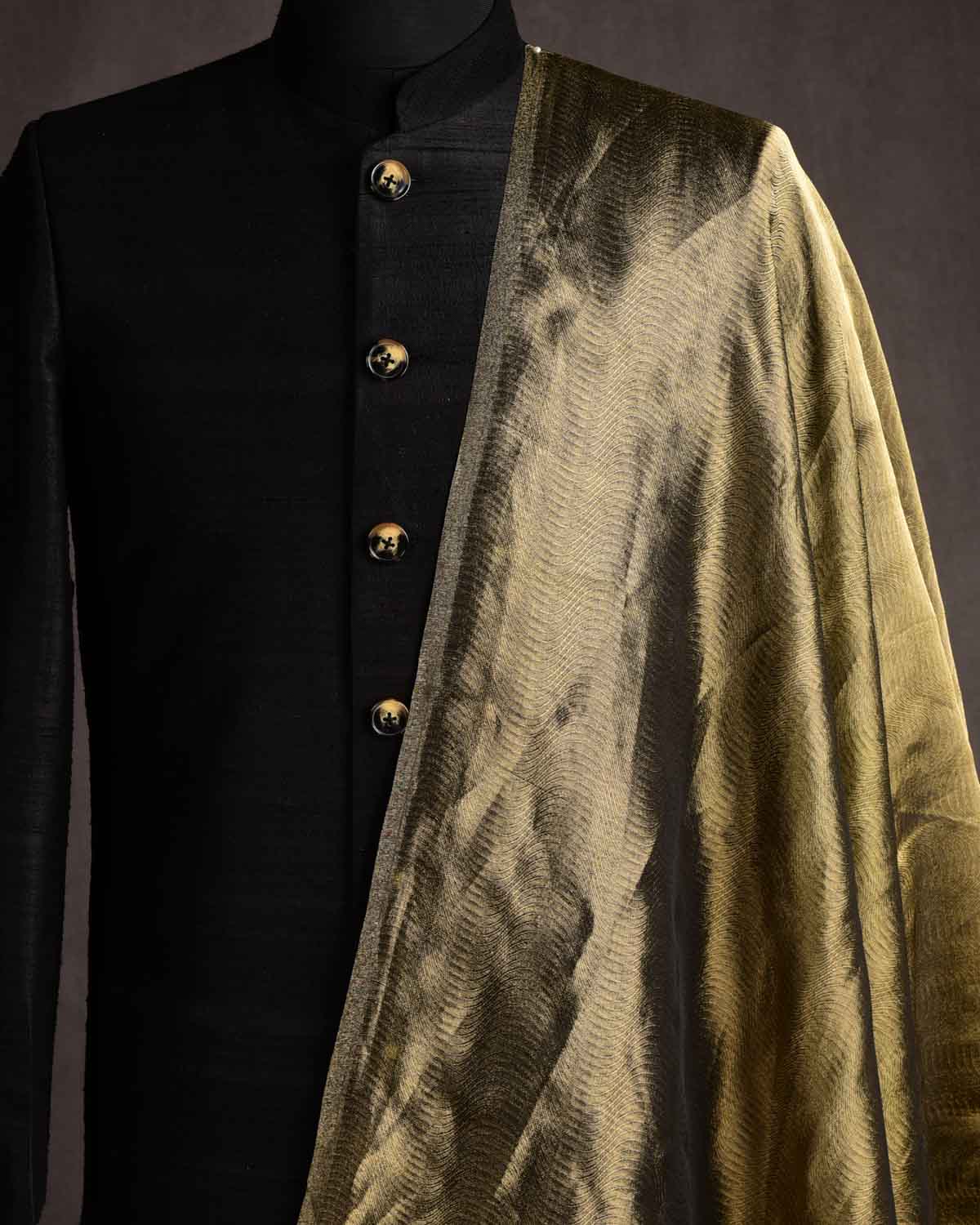 Metallic Antique Gold WATERMARK Scallop Brocade Woven Kora Tissue Banarasi Fabric-HolyWeaves