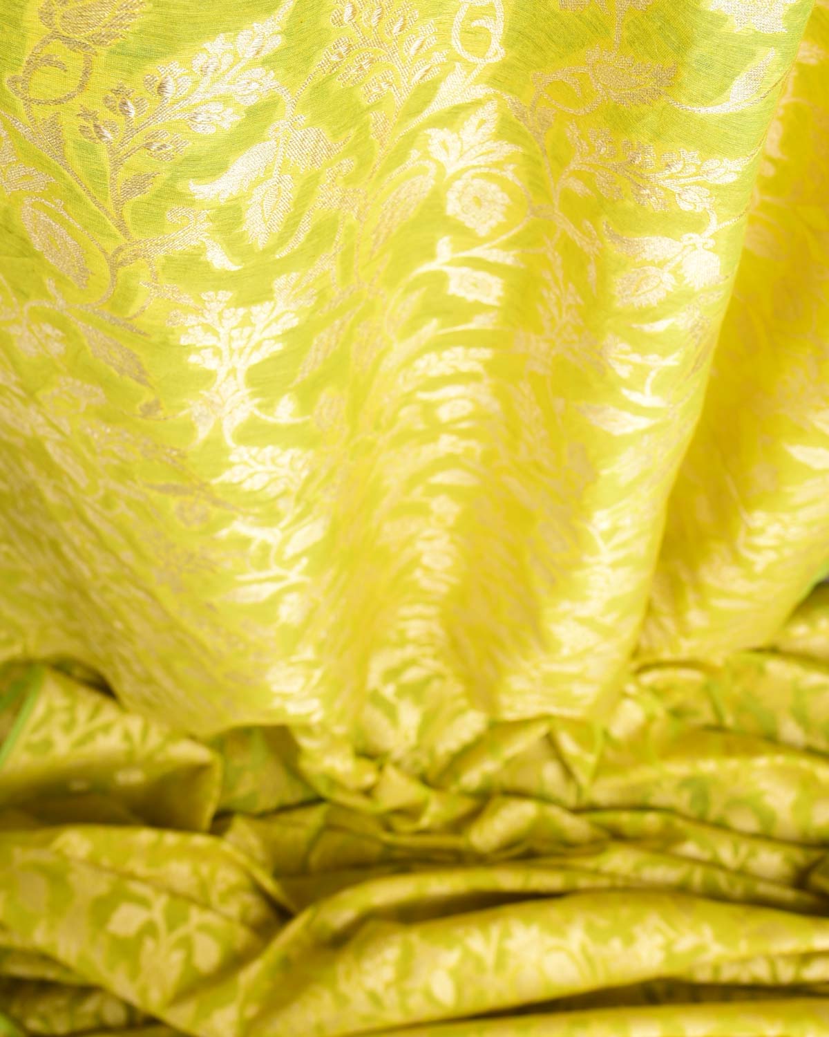 Lime Green Gold Zari Floral Cutwork Brocade Handwoven Cotton Silk Banarasi Fabric-HolyWeaves