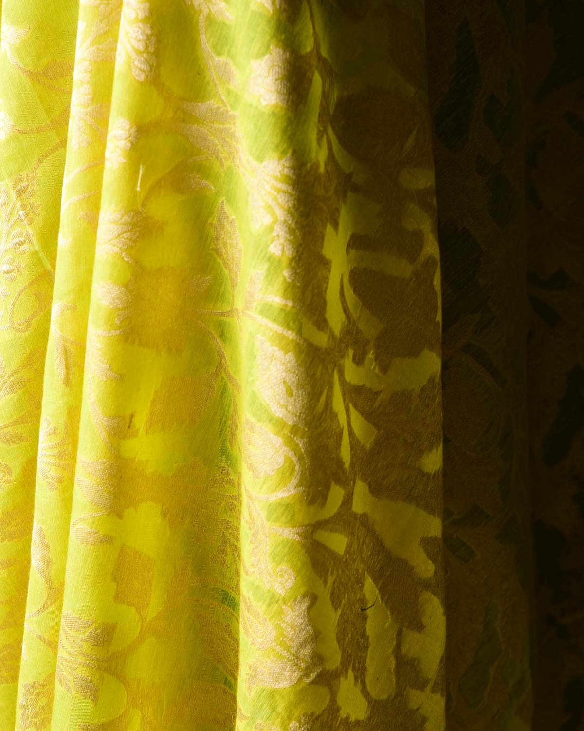 Lime Green Gold Zari Floral Cutwork Brocade Handwoven Cotton Silk Banarasi Fabric-HolyWeaves