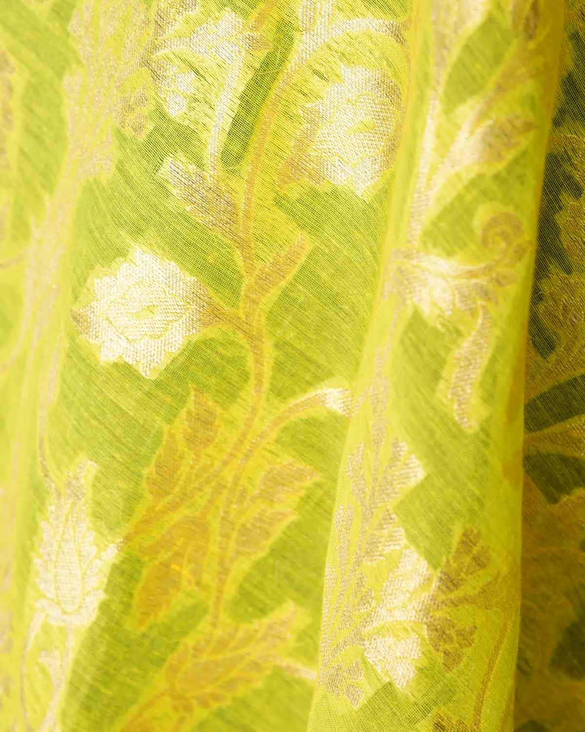 Lime Green Gold Zari Floral Cutwork Brocade Handwoven Cotton Silk Banarasi Fabric-HolyWeaves