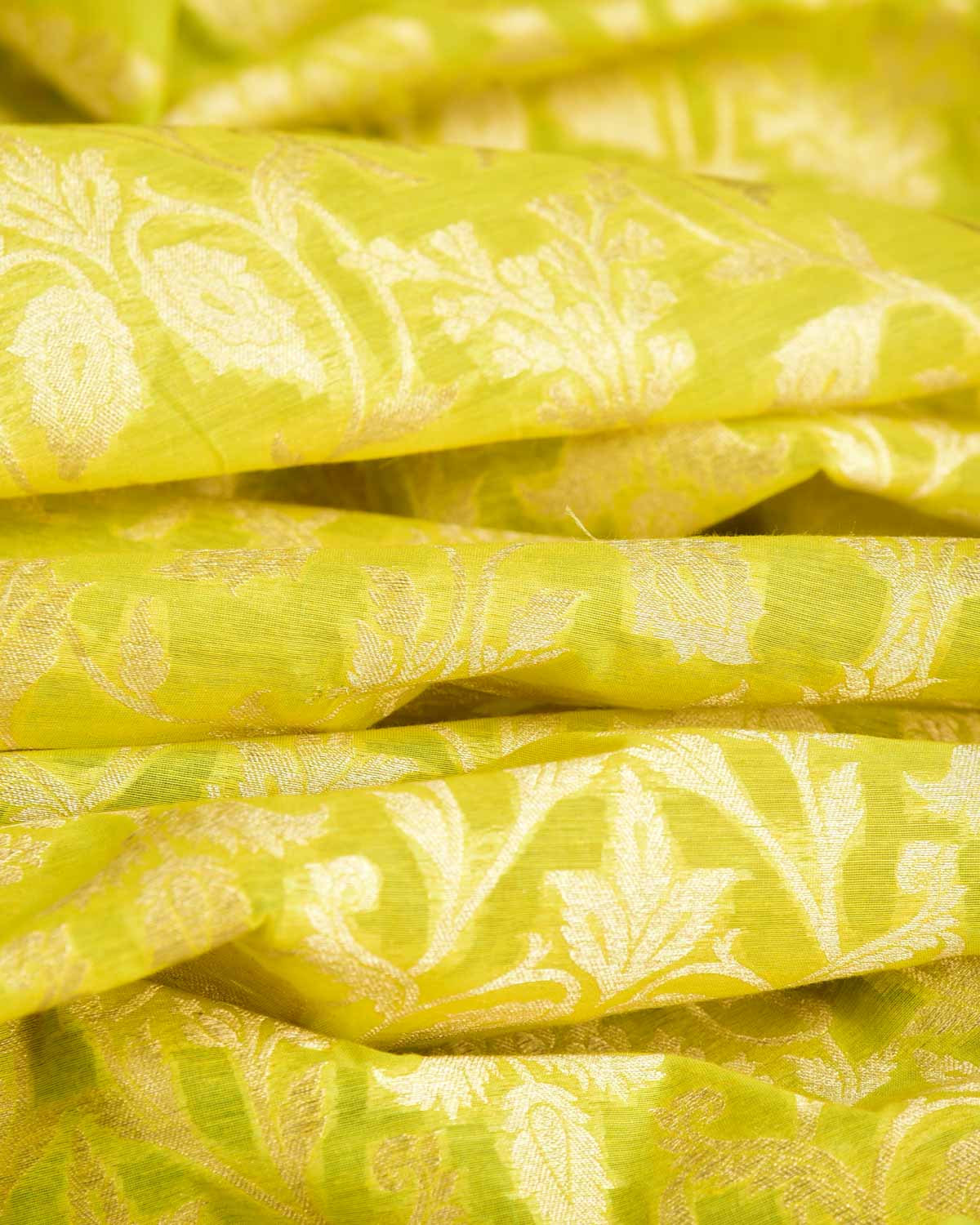 Lime Green Gold Zari Floral Cutwork Brocade Handwoven Cotton Silk Banarasi Fabric-HolyWeaves