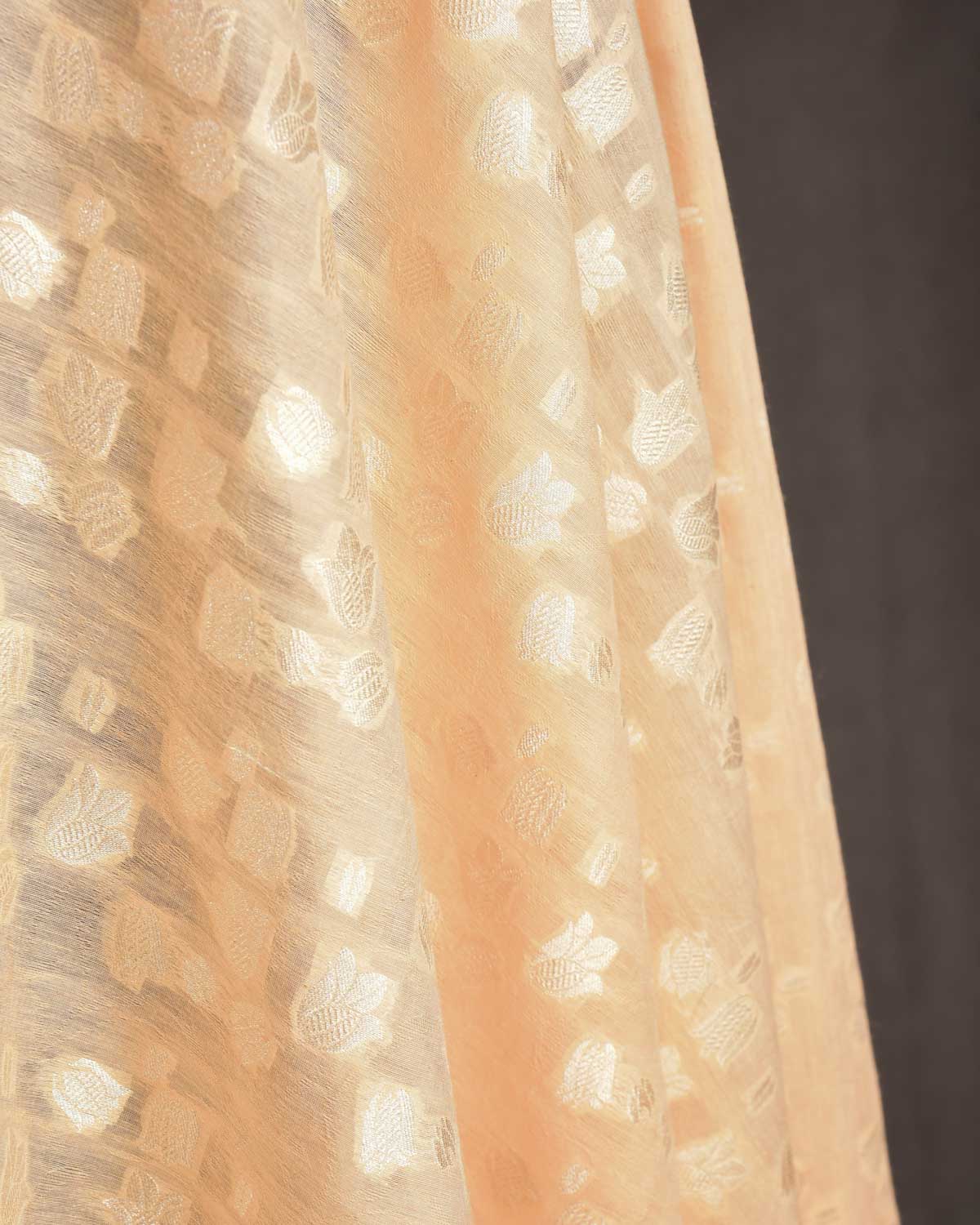 Peach Gold Zari Floral Cutwork Brocade Handwoven Cotton Silk Banarasi Fabric-HolyWeaves