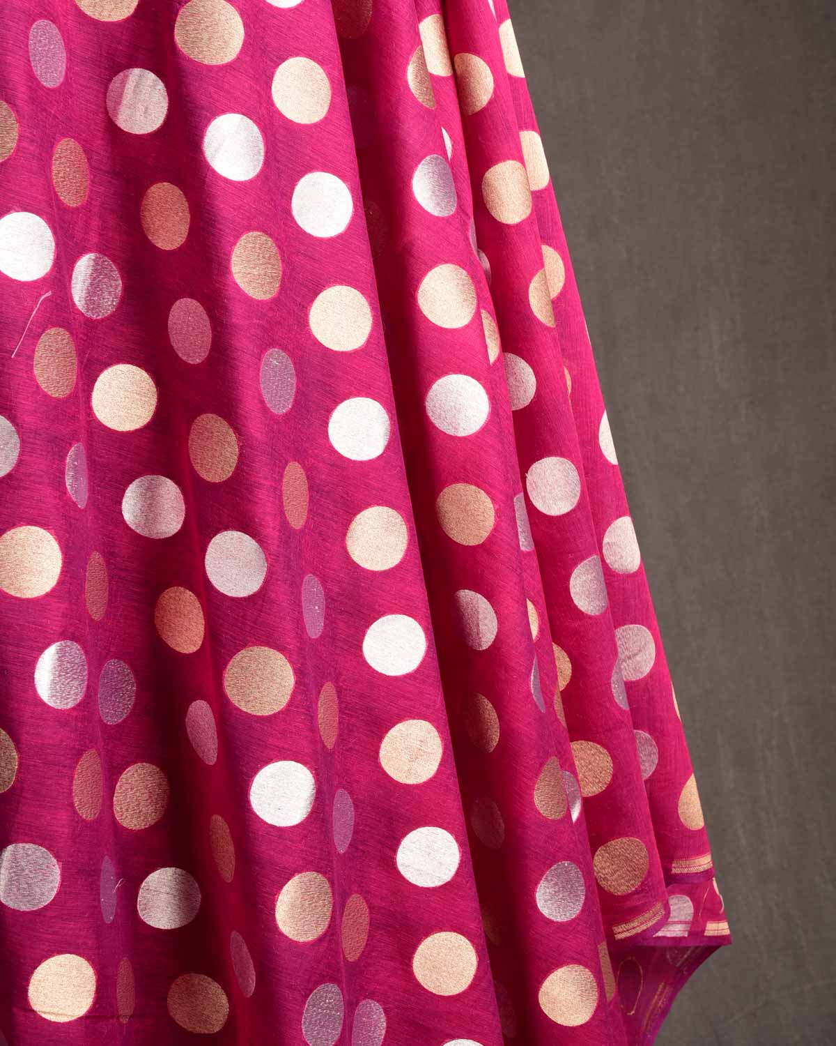 Magenta Gold & Silver Zari Polka Dots Cutwork Brocade Handwoven Cotton Silk Banarasi Fabric-HolyWeaves