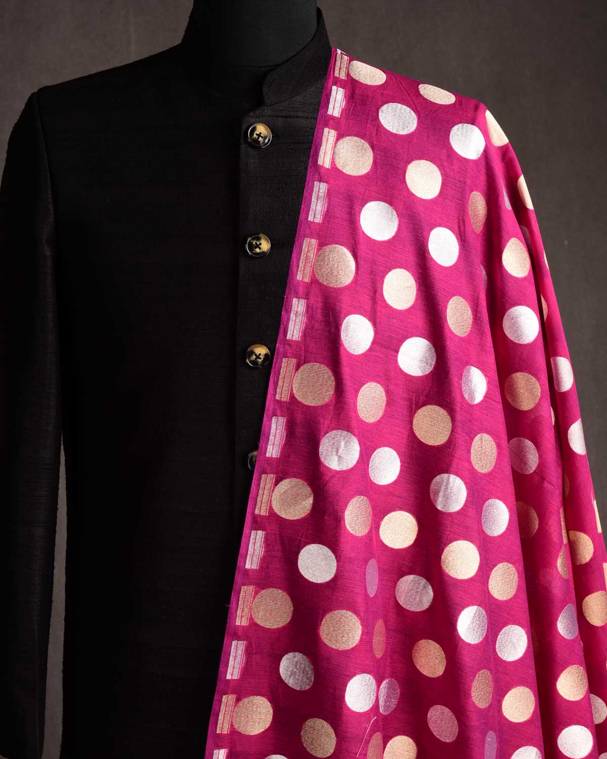 Magenta Gold & Silver Zari Polka Dots Cutwork Brocade Handwoven Cotton Silk Banarasi Fabric-HolyWeaves