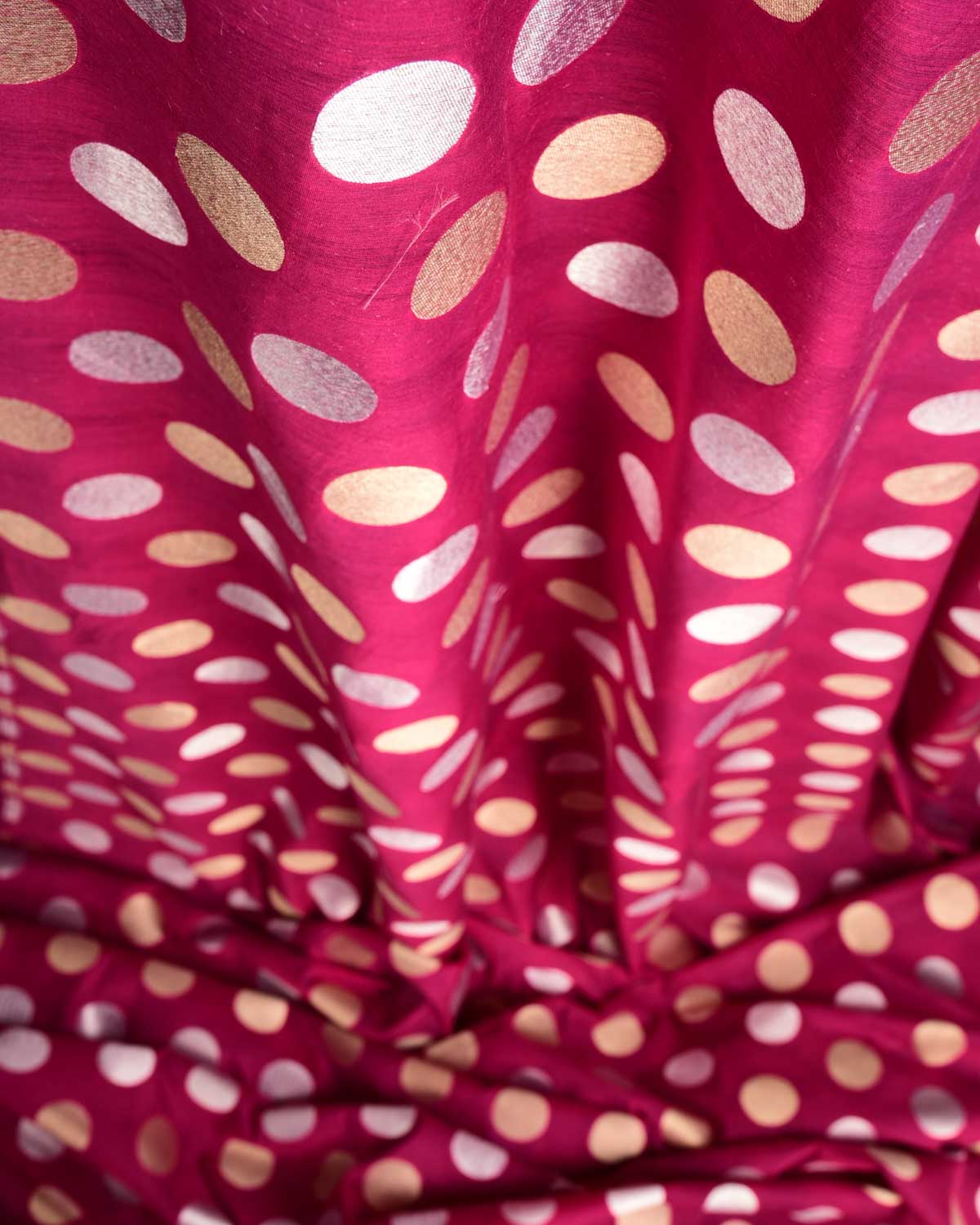 Magenta Gold & Silver Zari Polka Dots Cutwork Brocade Handwoven Cotton Silk Banarasi Fabric-HolyWeaves