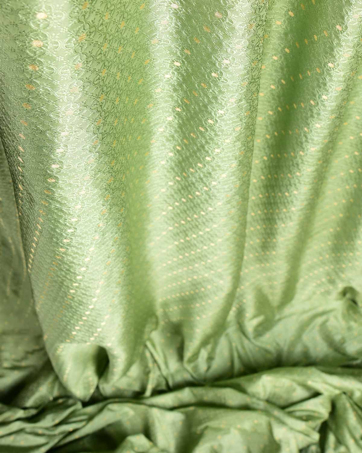 Green Gold Zari Satin Tanchoi Brocade Handwoven Katan Silk Banarasi Fabric-HolyWeaves
