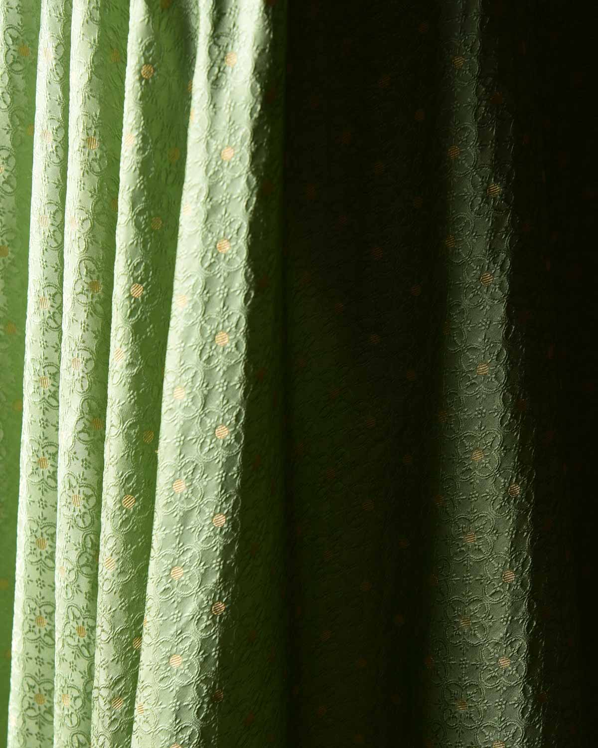 Green Gold Zari Satin Tanchoi Brocade Handwoven Katan Silk Banarasi Fabric-HolyWeaves