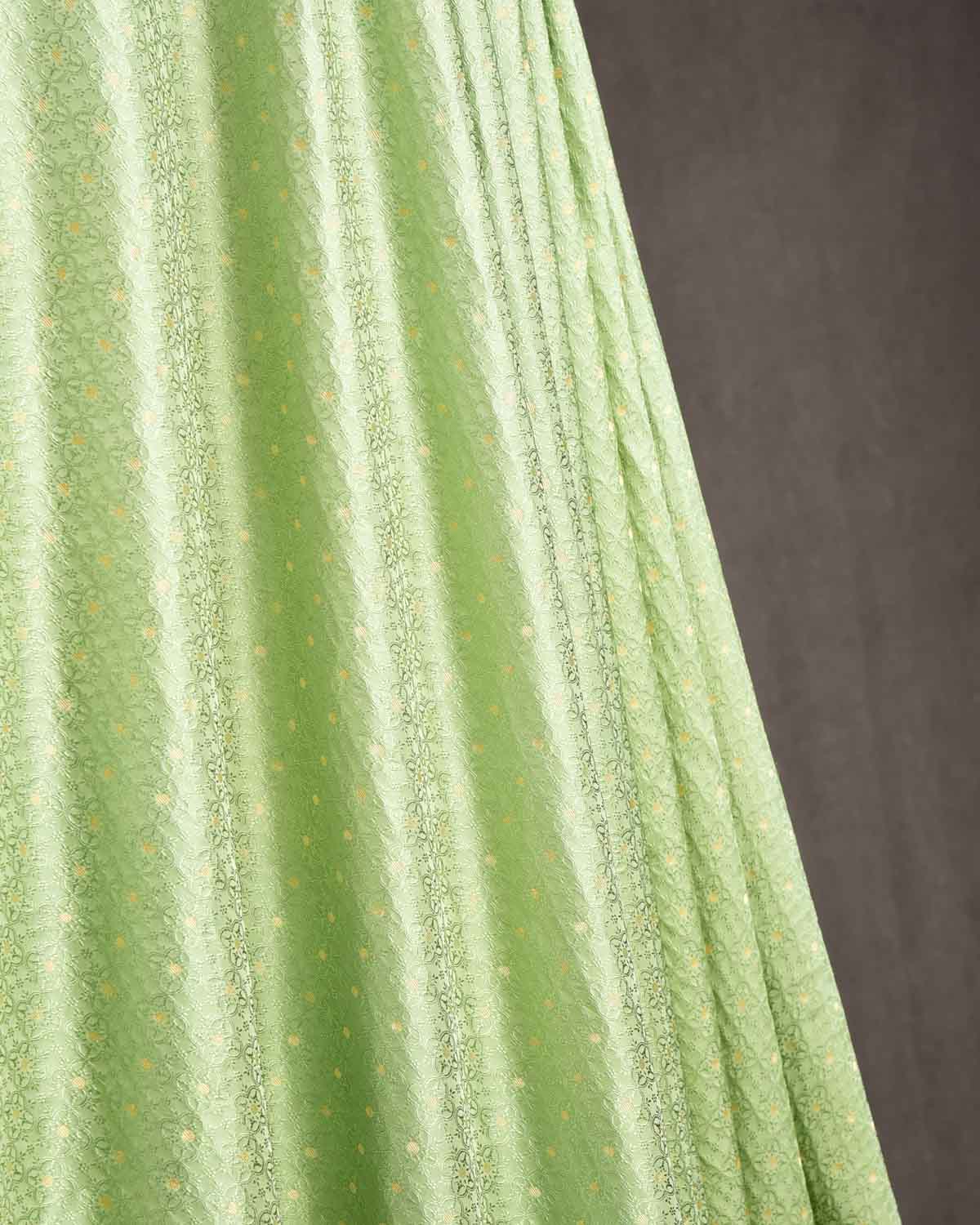 Green Gold Zari Satin Tanchoi Brocade Handwoven Katan Silk Banarasi Fabric-HolyWeaves