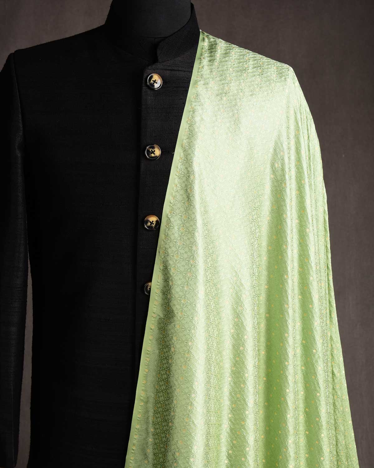 Green Gold Zari Satin Tanchoi Brocade Handwoven Katan Silk Banarasi Fabric-HolyWeaves