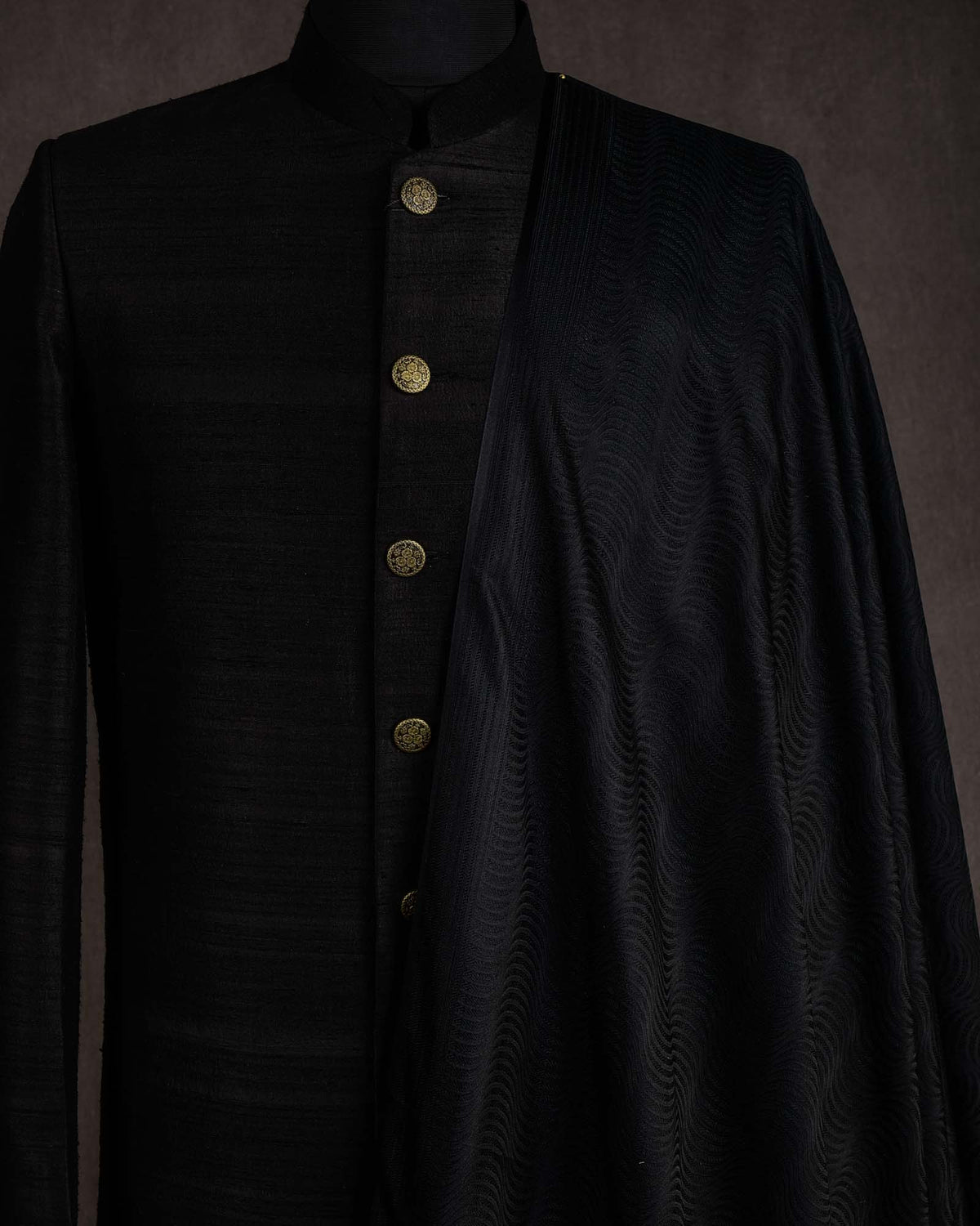 Black Illusion Scallop Satin Tanchoi Handwoven Katan Silk Banarasi Fabric-HolyWeaves