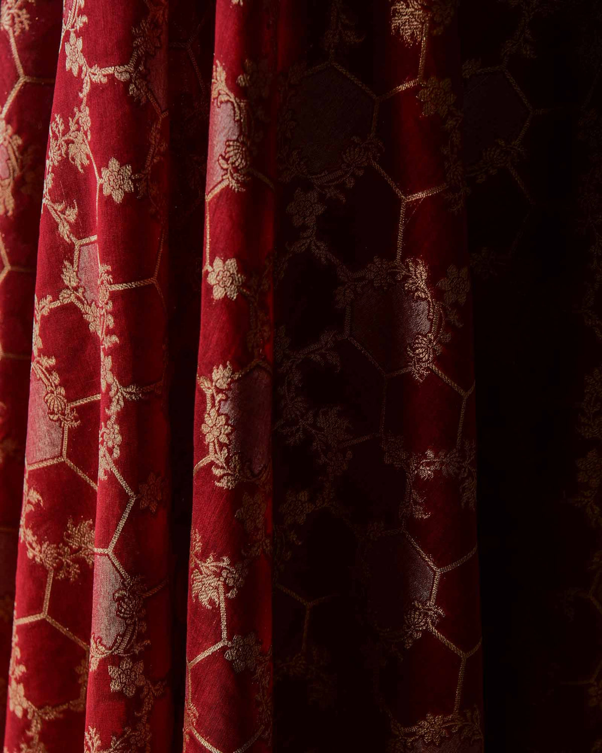Maroon Gold & Silver Zari Jaal Cutwork Brocade Woven Cotton Silk Banarasi Fabric-HolyWeaves
