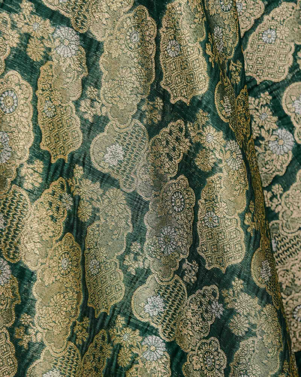 Green Gold & Silver Zari Jaal Cutwork Brocade Woven Cotton Silk Banarasi Fabric-HolyWeaves
