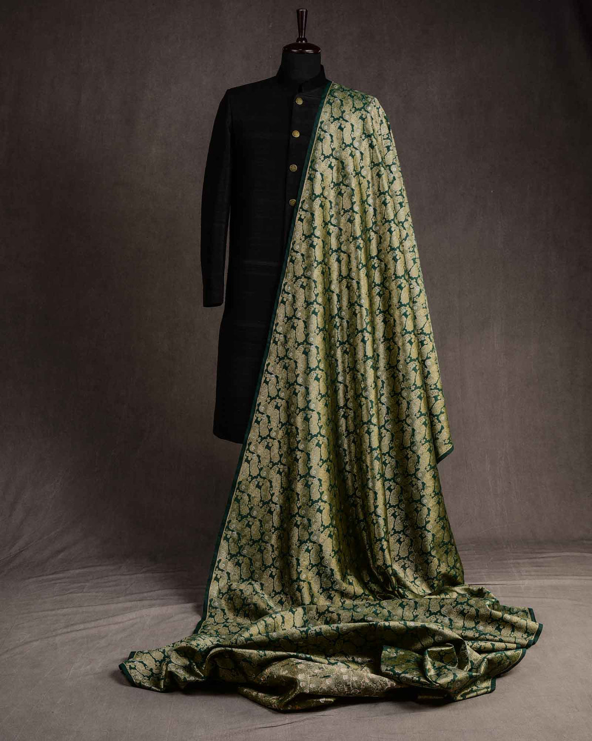Green Gold & Silver Zari Jaal Cutwork Brocade Woven Cotton Silk Banarasi Fabric-HolyWeaves