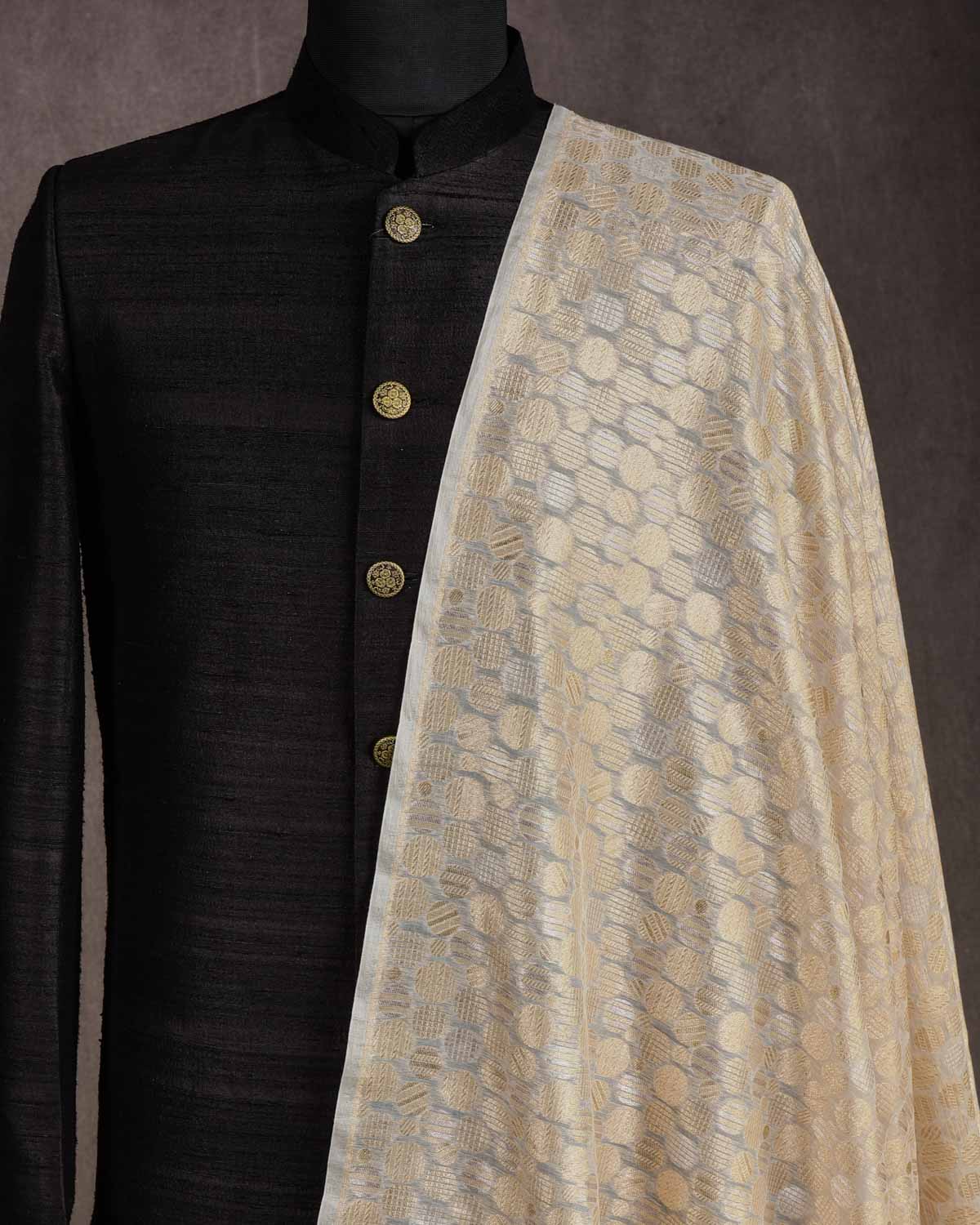 Ivory White Gold & Silver Zari Spheres Cutwork Brocade Woven Cotton Silk Banarasi Fabric