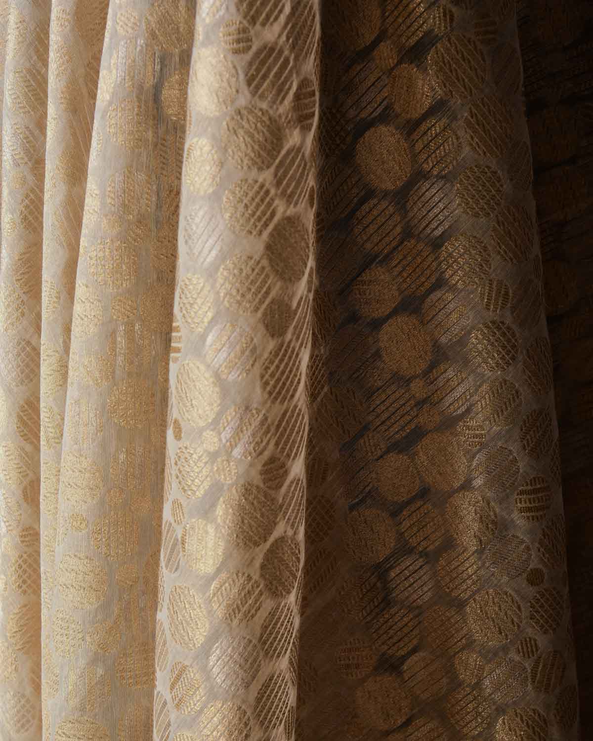 Ivory White Gold & Silver Zari Spheres Cutwork Brocade Woven Cotton Silk Banarasi Fabric