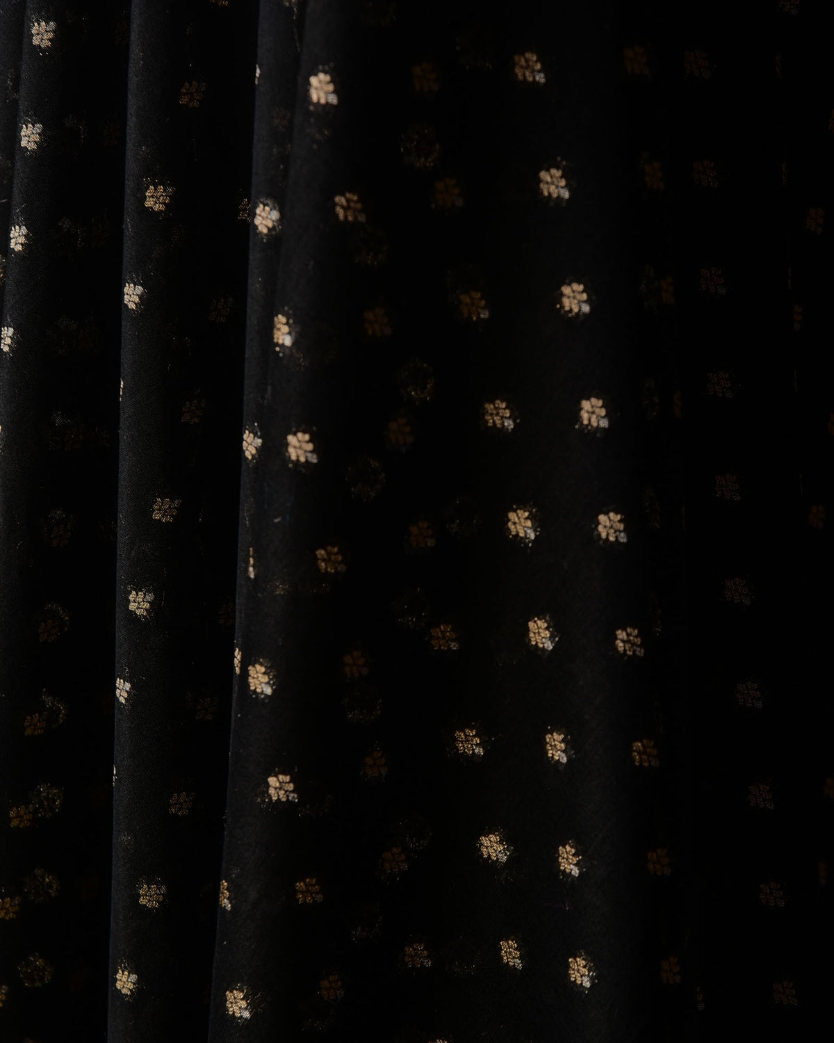 Black Gold & Silver Zari Buti Cutwork Brocade Woven Cotton Silk Banarasi Fabric-HolyWeaves