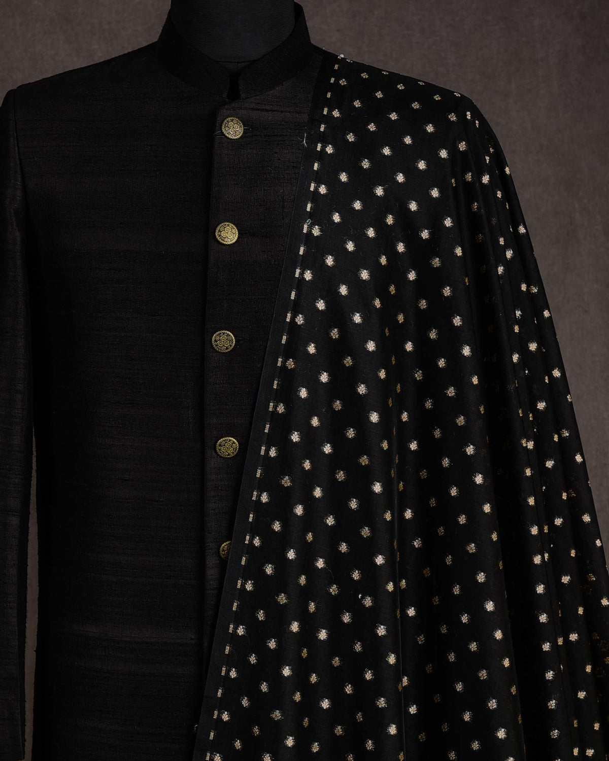 Black Gold & Silver Zari Buti Cutwork Brocade Woven Cotton Silk Banarasi Fabric-HolyWeaves