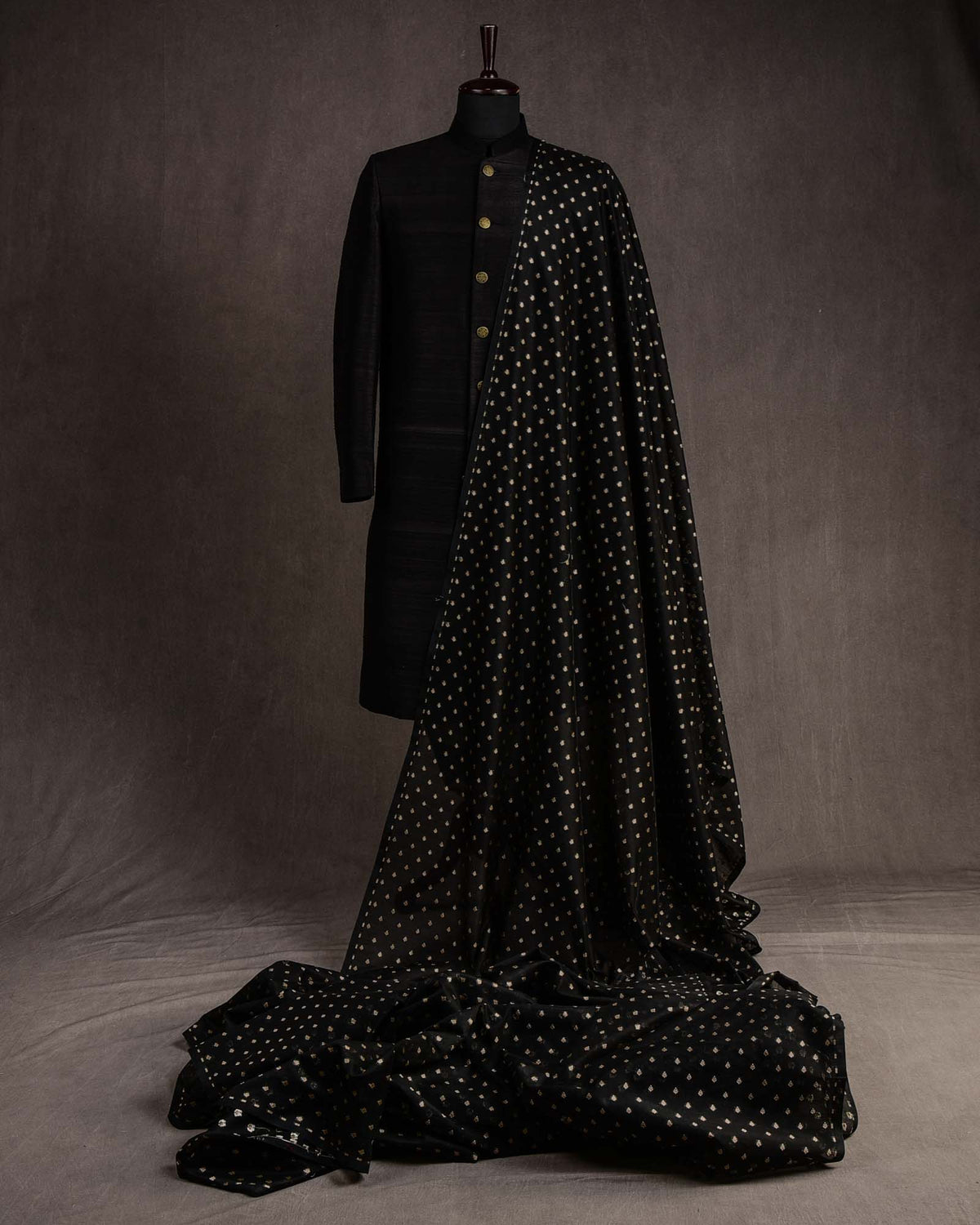 Black Gold & Silver Zari Buti Cutwork Brocade Woven Cotton Silk Banarasi Fabric-HolyWeaves