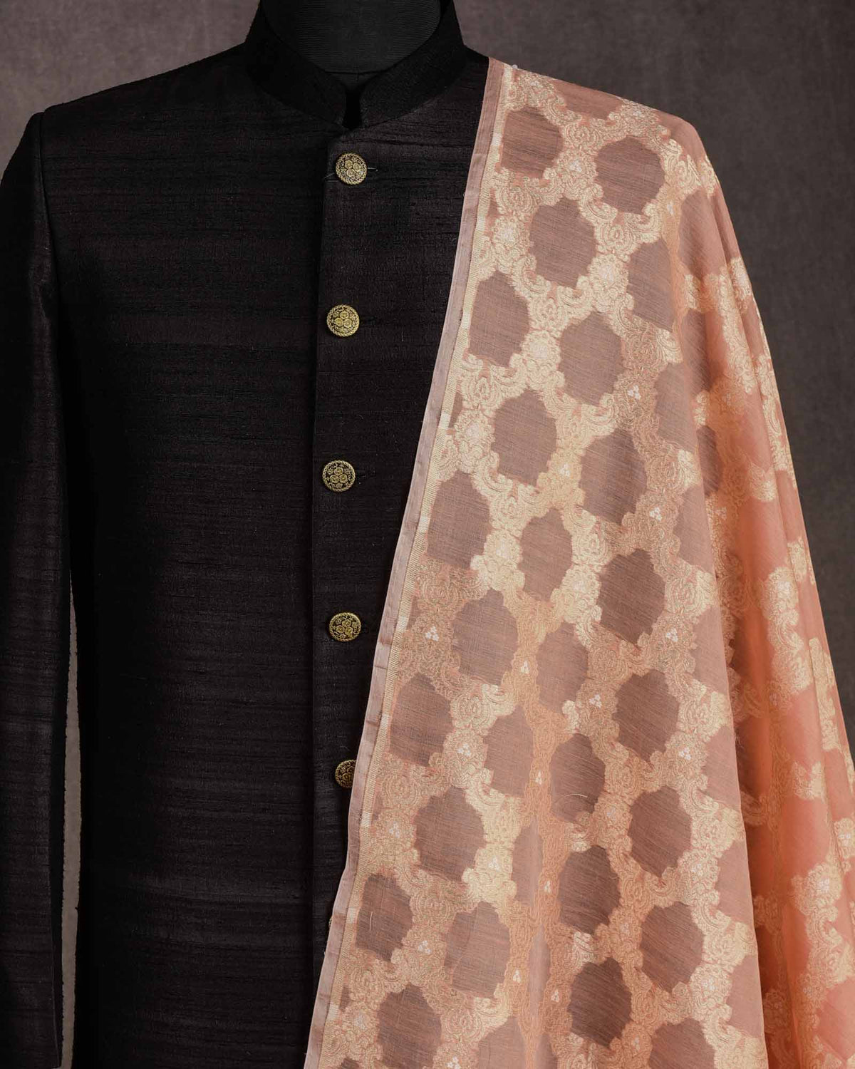 Peach Gold Zari & White Resham Jangla Cutwork Brocade Handwoven Cotton Silk Banarasi Fabric-HolyWeaves