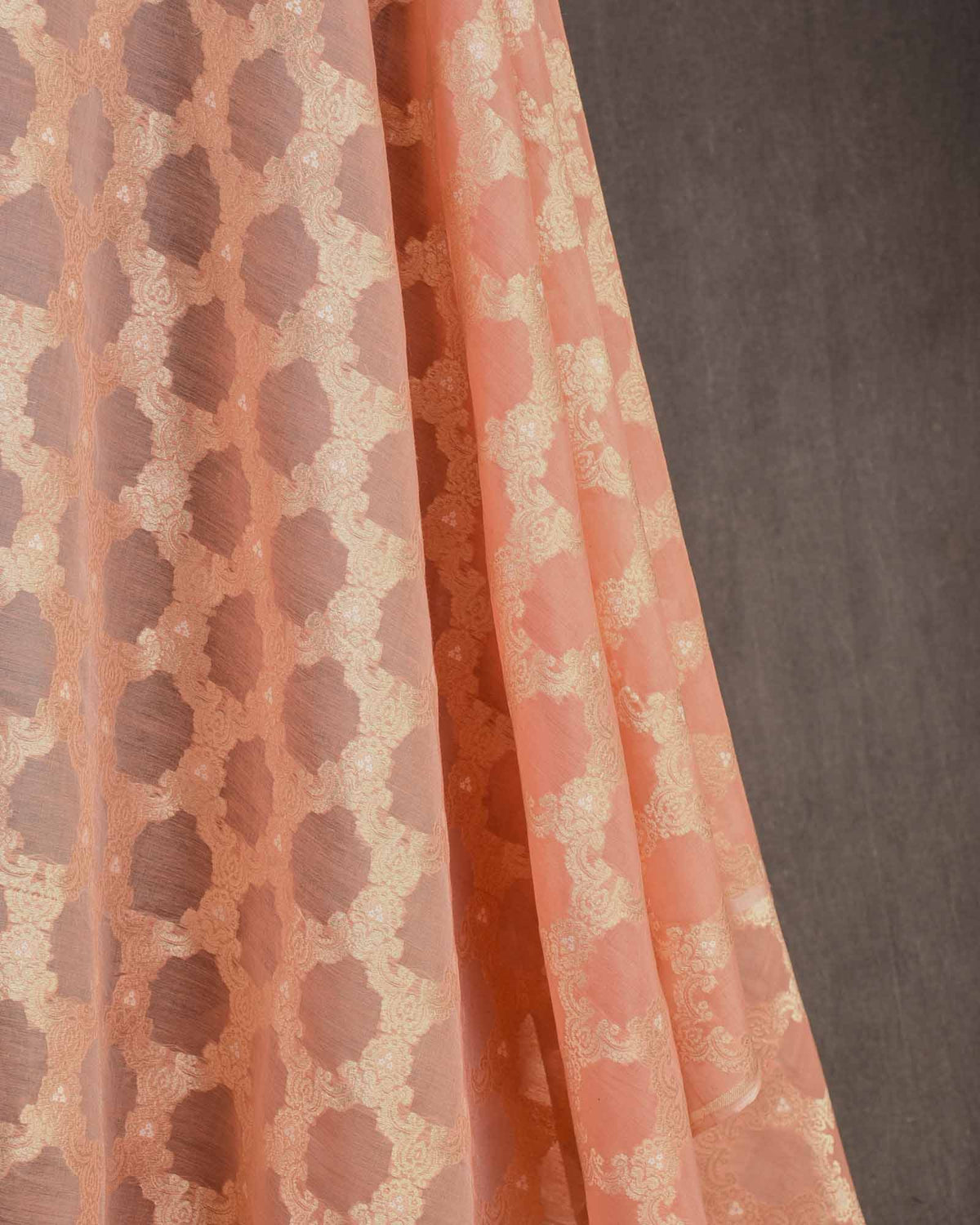 Peach Gold Zari & White Resham Jangla Cutwork Brocade Handwoven Cotton Silk Banarasi Fabric-HolyWeaves