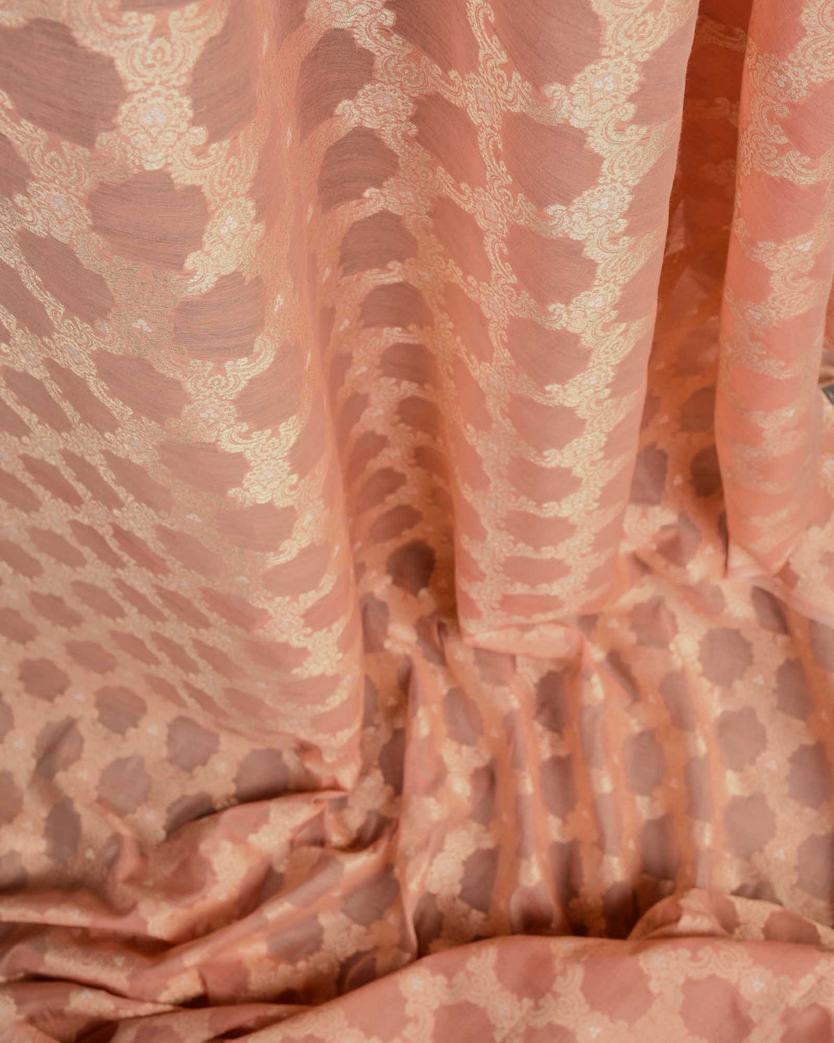 Peach Gold Zari & White Resham Jangla Cutwork Brocade Handwoven Cotton Silk Banarasi Fabric-HolyWeaves