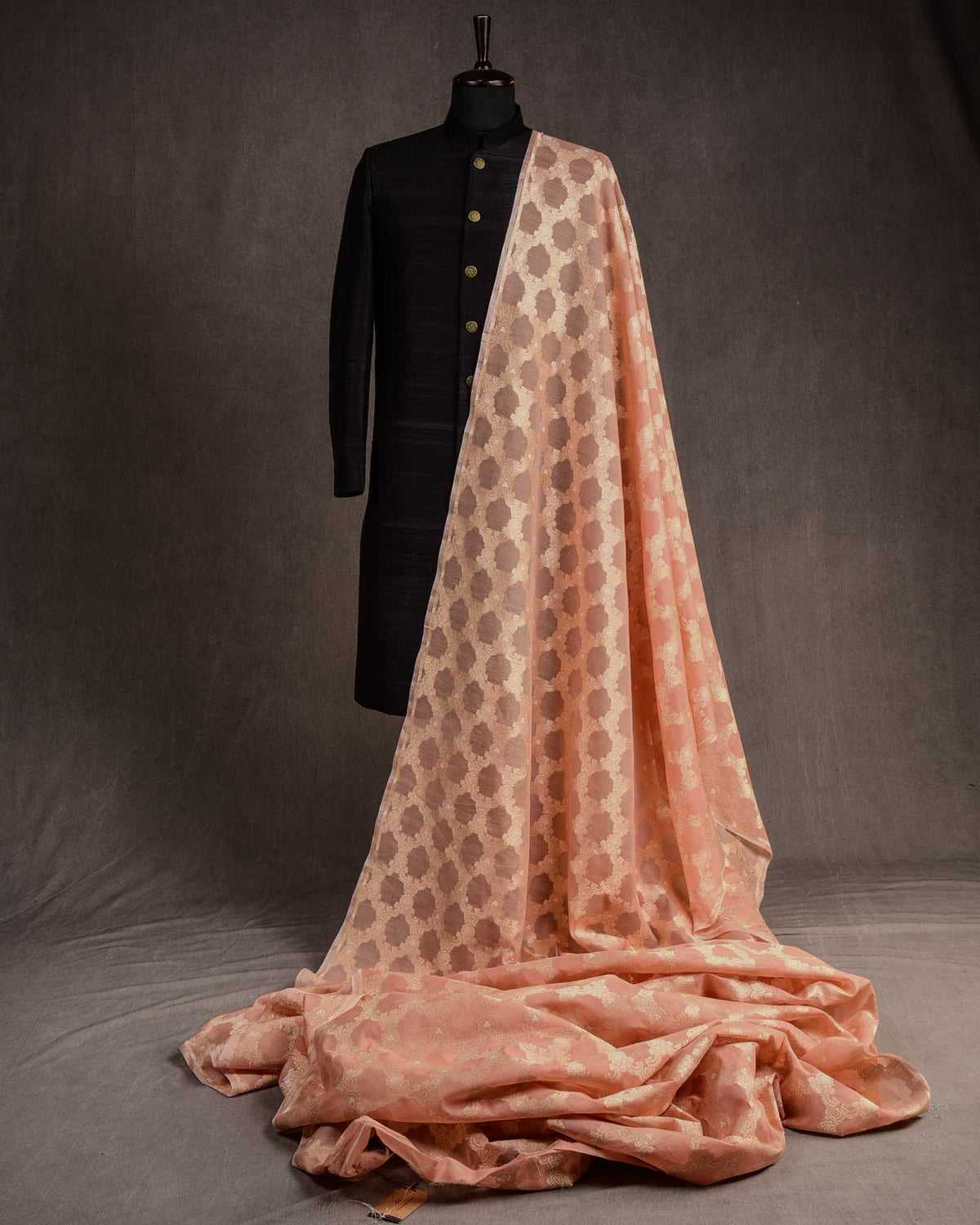 Peach Gold Zari & White Resham Jangla Cutwork Brocade Handwoven Cotton Silk Banarasi Fabric-HolyWeaves