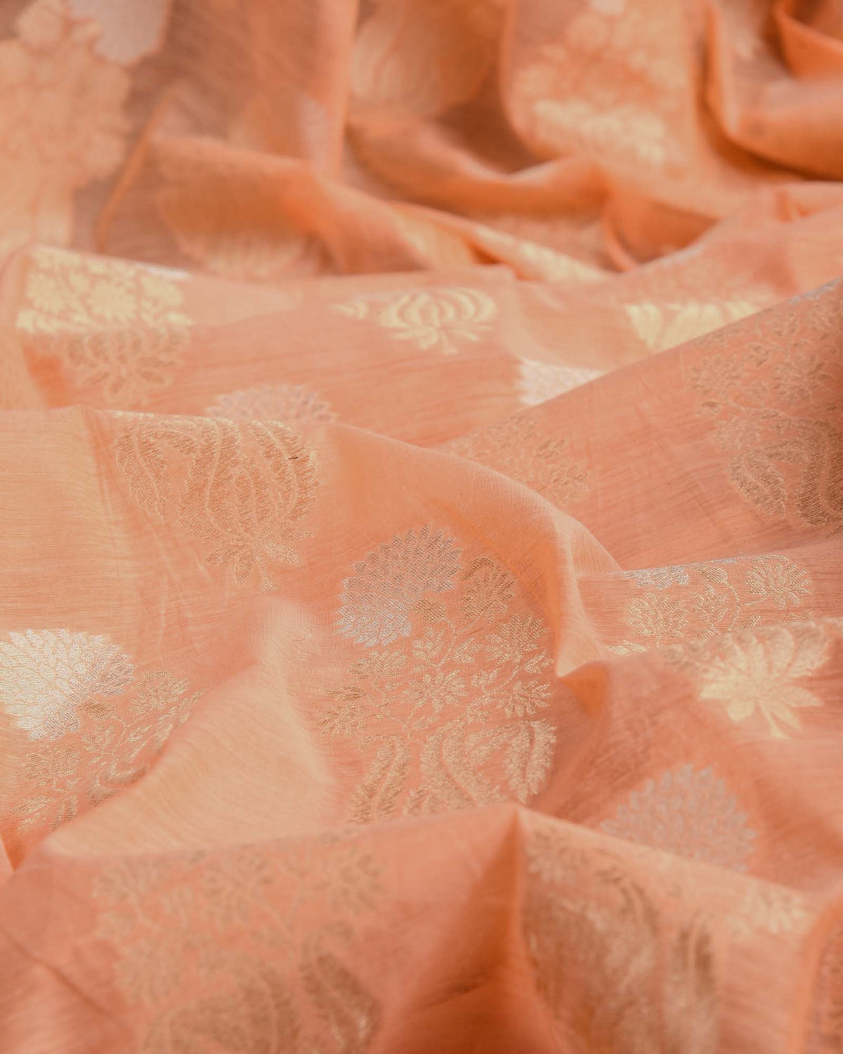 Peach Gold Zari & White Resham Buta Cutwork Brocade Handwoven Cotton Silk Banarasi Fabric-HolyWeaves