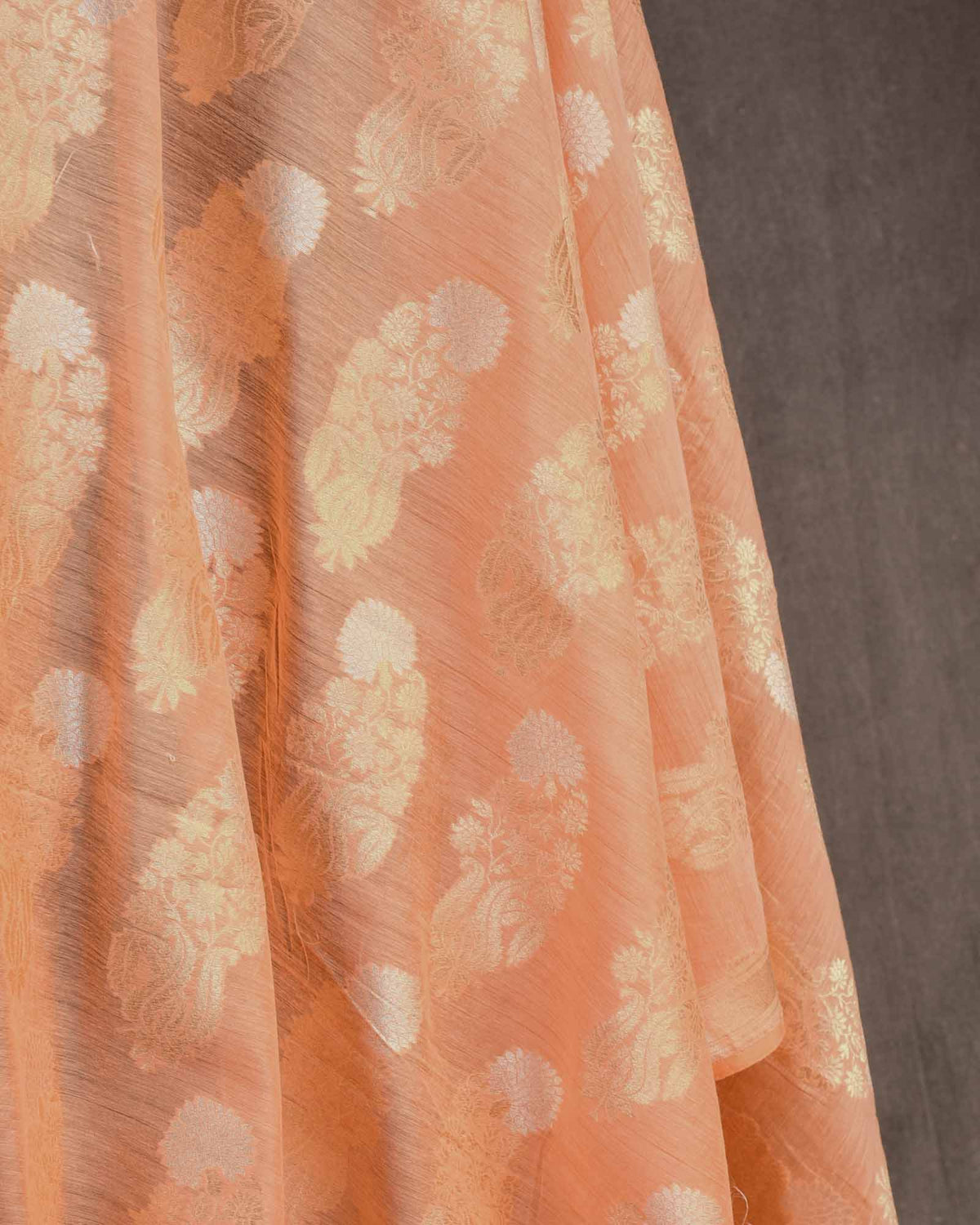Peach Gold Zari & White Resham Buta Cutwork Brocade Handwoven Cotton Silk Banarasi Fabric-HolyWeaves