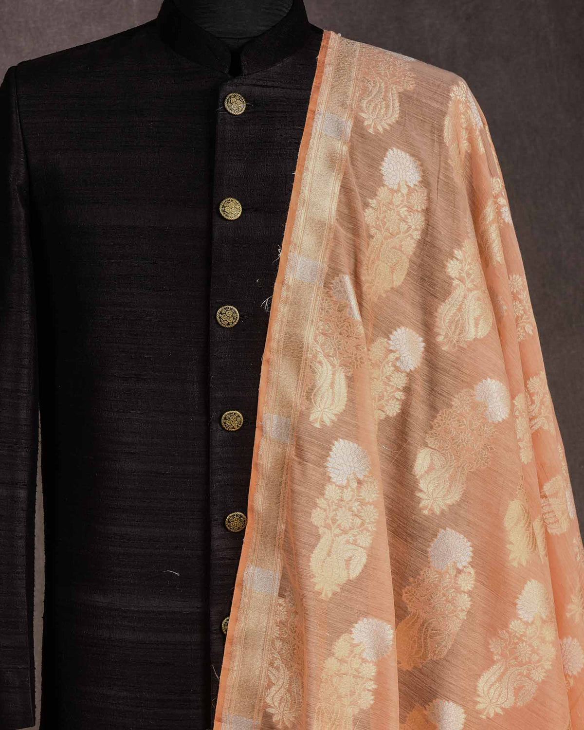 Peach Gold Zari & White Resham Buta Cutwork Brocade Handwoven Cotton Silk Banarasi Fabric-HolyWeaves