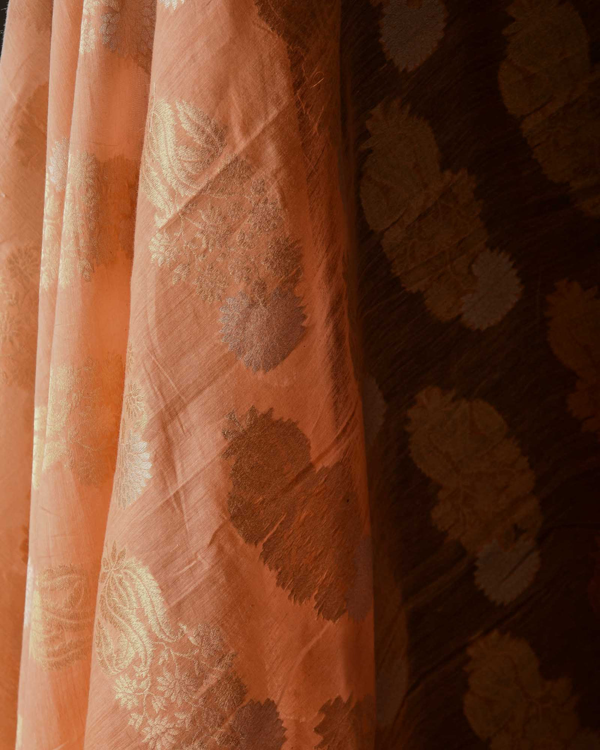 Peach Gold Zari & White Resham Buta Cutwork Brocade Handwoven Cotton Silk Banarasi Fabric-HolyWeaves
