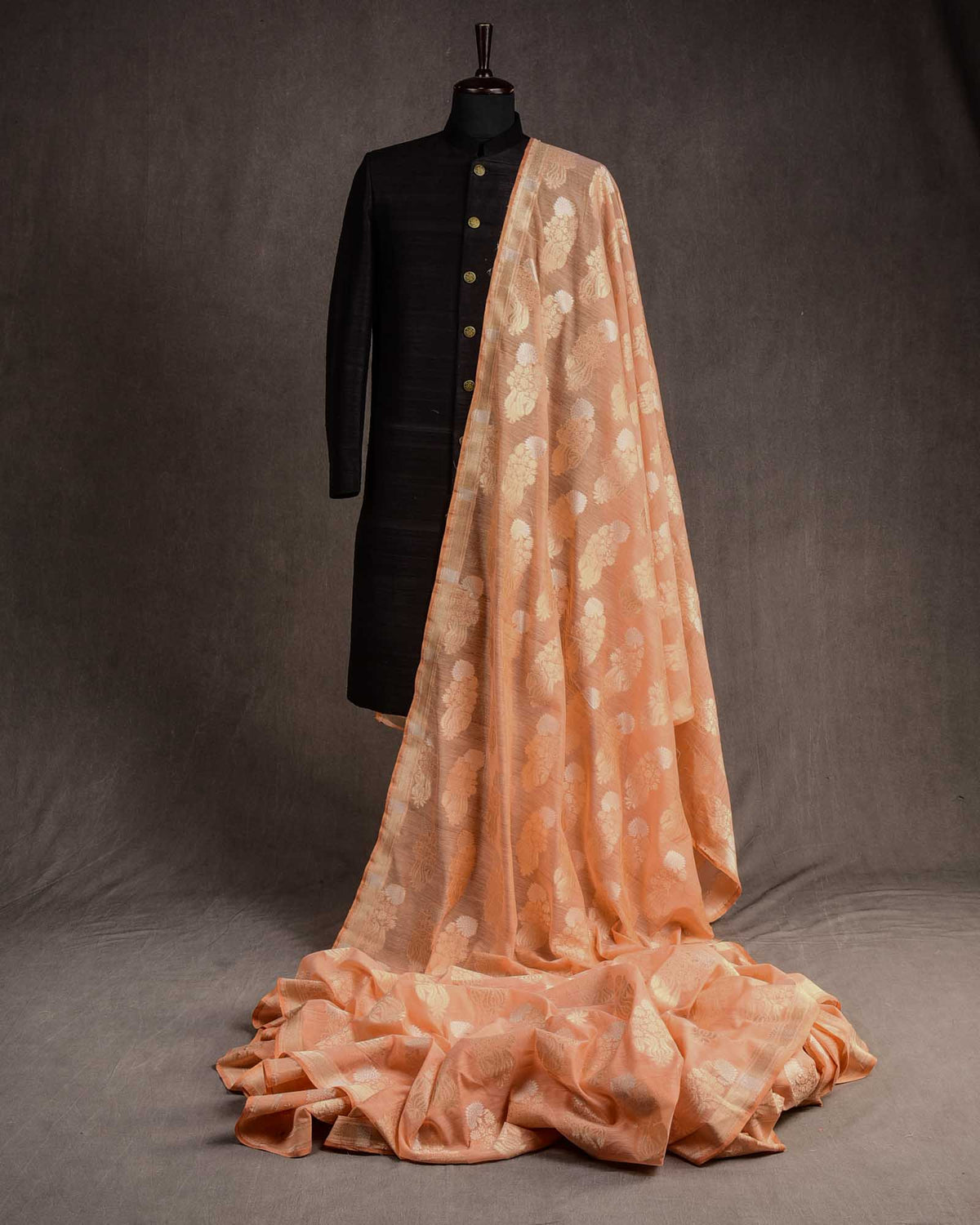 Peach Gold Zari & White Resham Buta Cutwork Brocade Handwoven Cotton Silk Banarasi Fabric-HolyWeaves