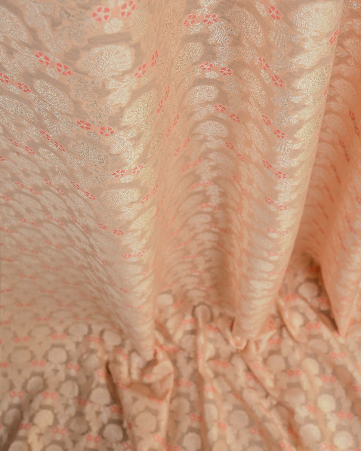 Peach Gold Zari & Meenekari Floral Jaal Cutwork Brocade Handwoven Cotton Silk Banarasi Fabric-HolyWeaves