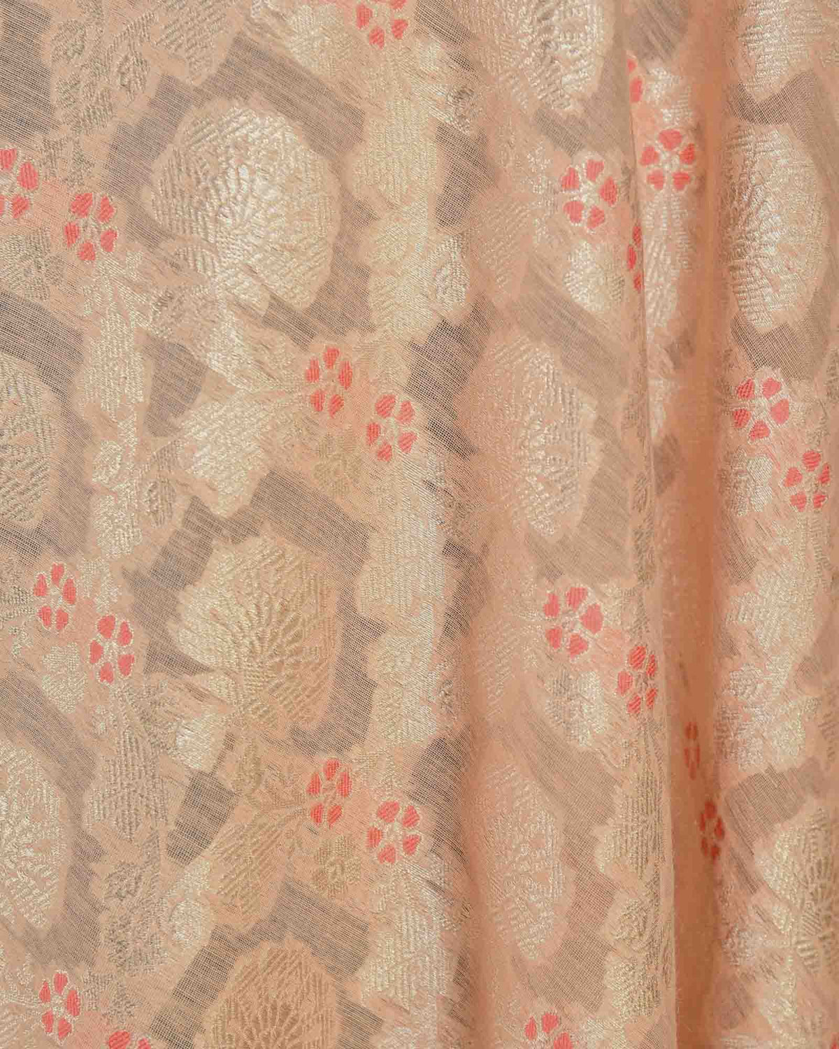 Peach Gold Zari & Meenekari Floral Jaal Cutwork Brocade Handwoven Cotton Silk Banarasi Fabric-HolyWeaves