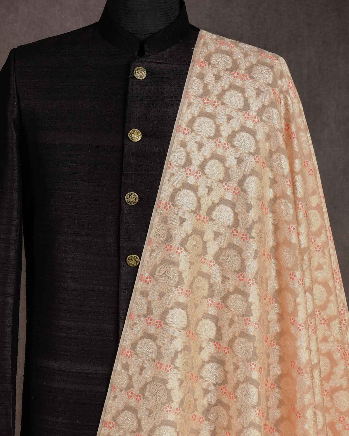 Peach Gold Zari & Meenekari Floral Jaal Cutwork Brocade Handwoven Cotton Silk Banarasi Fabric-HolyWeaves