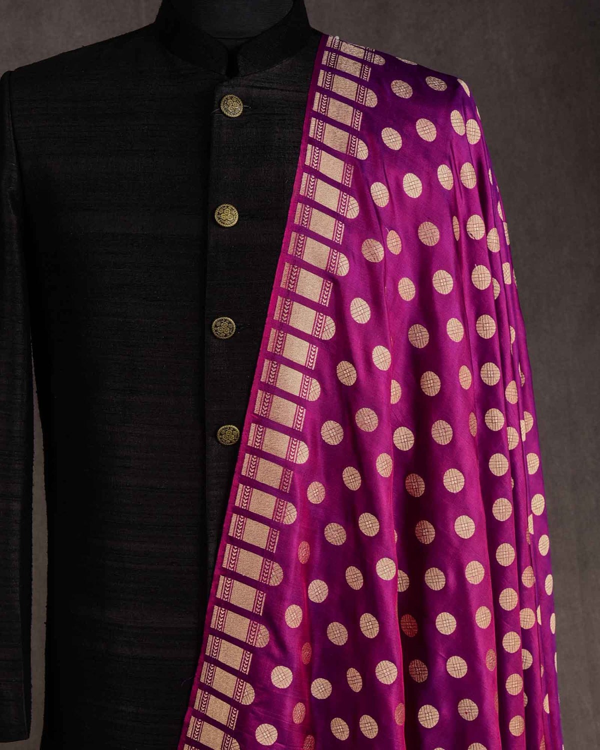 Purple Gold Zari Asharfi Buti Cutwork Brocade Handwoven Katan Silk Banarasi Fabric-HolyWeaves