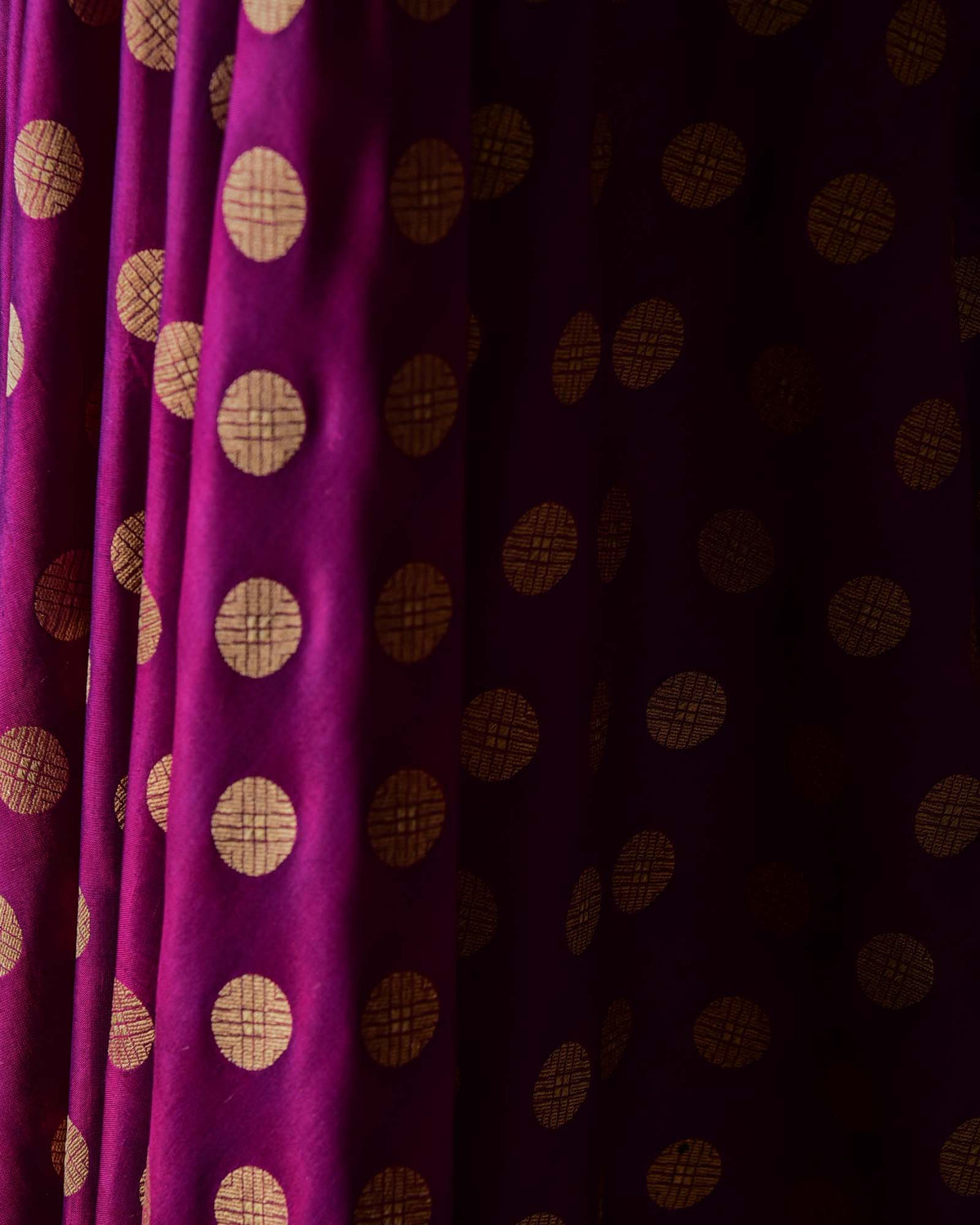 Purple Gold Zari Asharfi Buti Cutwork Brocade Handwoven Katan Silk Banarasi Fabric-HolyWeaves