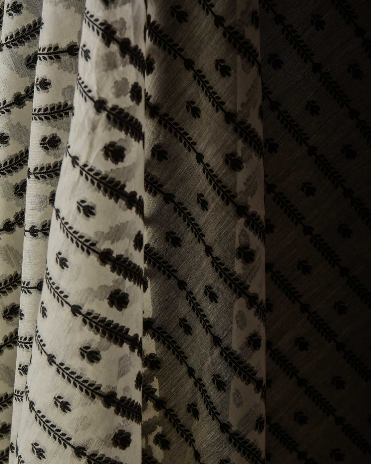 White Black Resham Buti Cutwork Brocade Woven Cotton Silk Banarasi Fabric-HolyWeaves