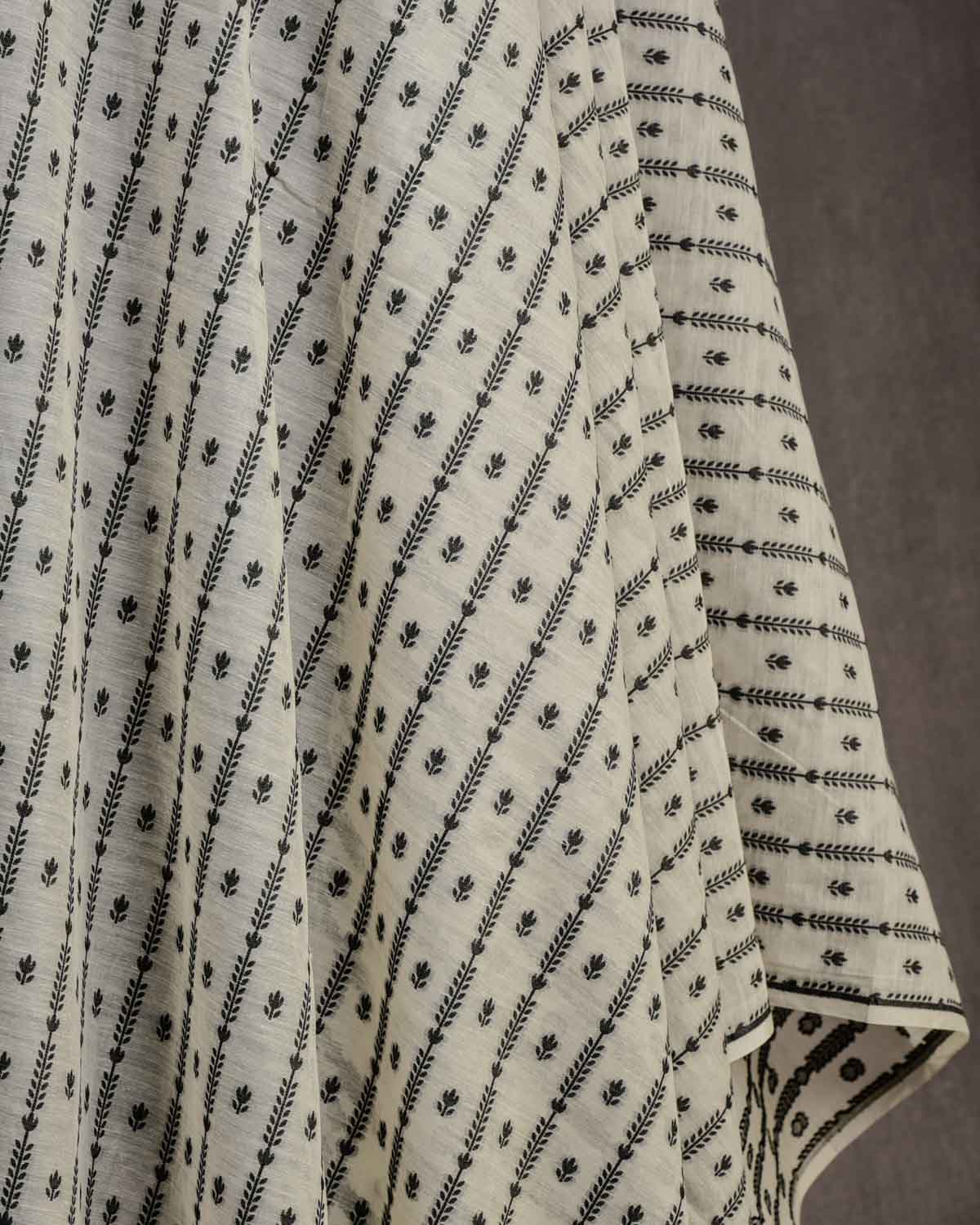 White Black Resham Buti Cutwork Brocade Woven Cotton Silk Banarasi Fabric-HolyWeaves