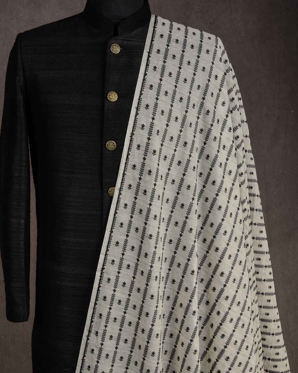 White Black Resham Buti Cutwork Brocade Woven Cotton Silk Banarasi Fabric-HolyWeaves