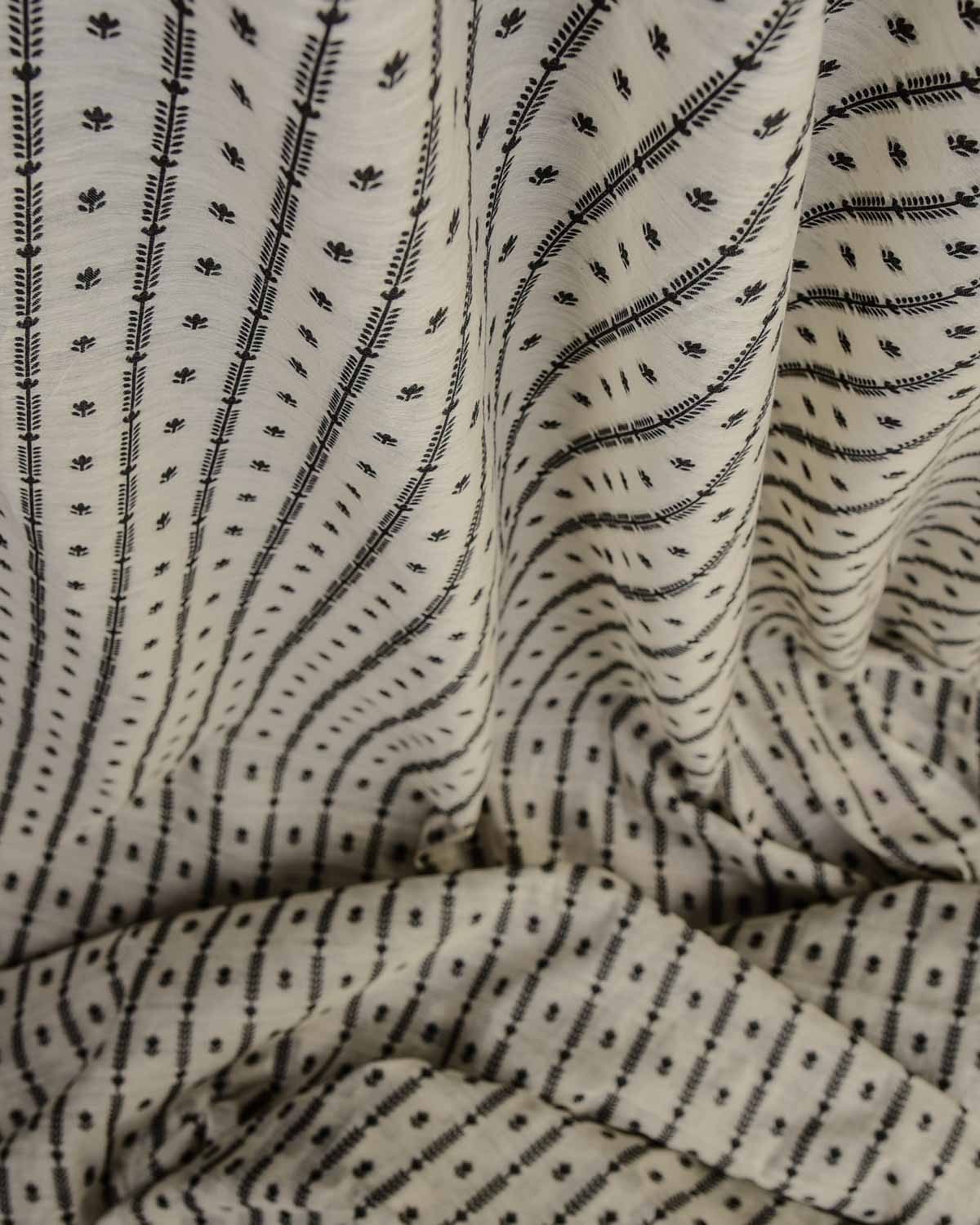 White Black Resham Buti Cutwork Brocade Woven Cotton Silk Banarasi Fabric-HolyWeaves