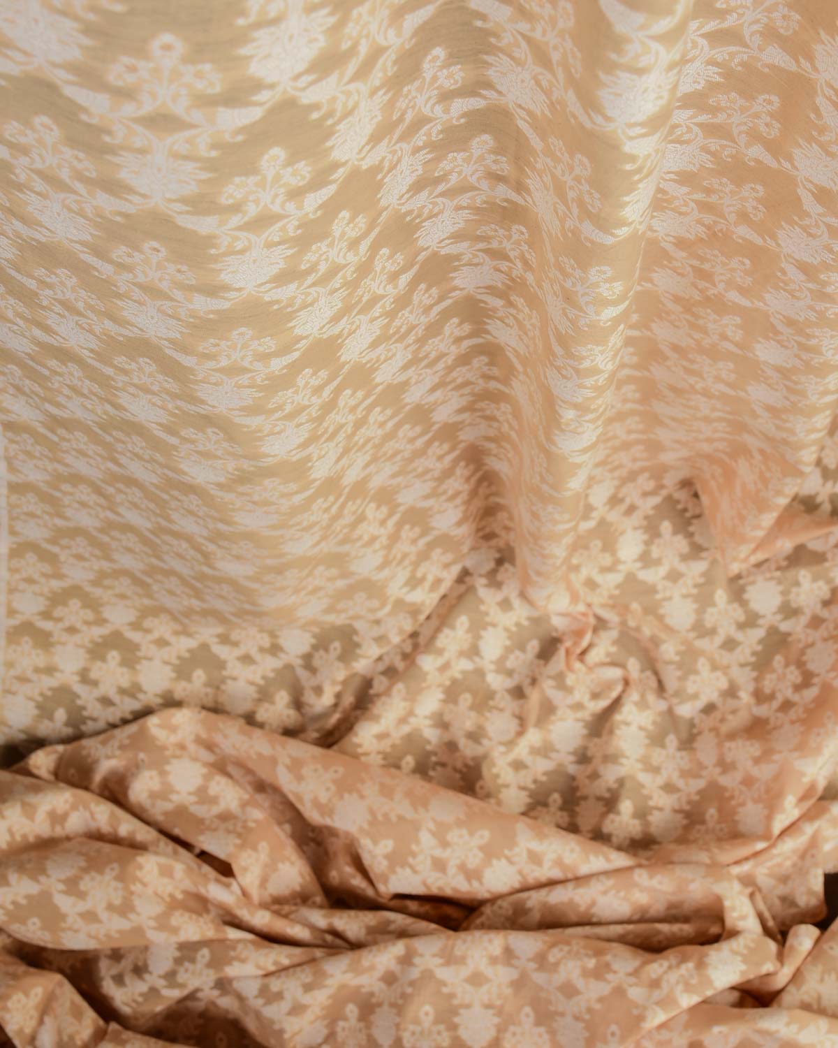 Beige Alfi Resham & Zari Jaal Cutwork Brocade Woven Cotton Silk Banarasi Fabric-HolyWeaves