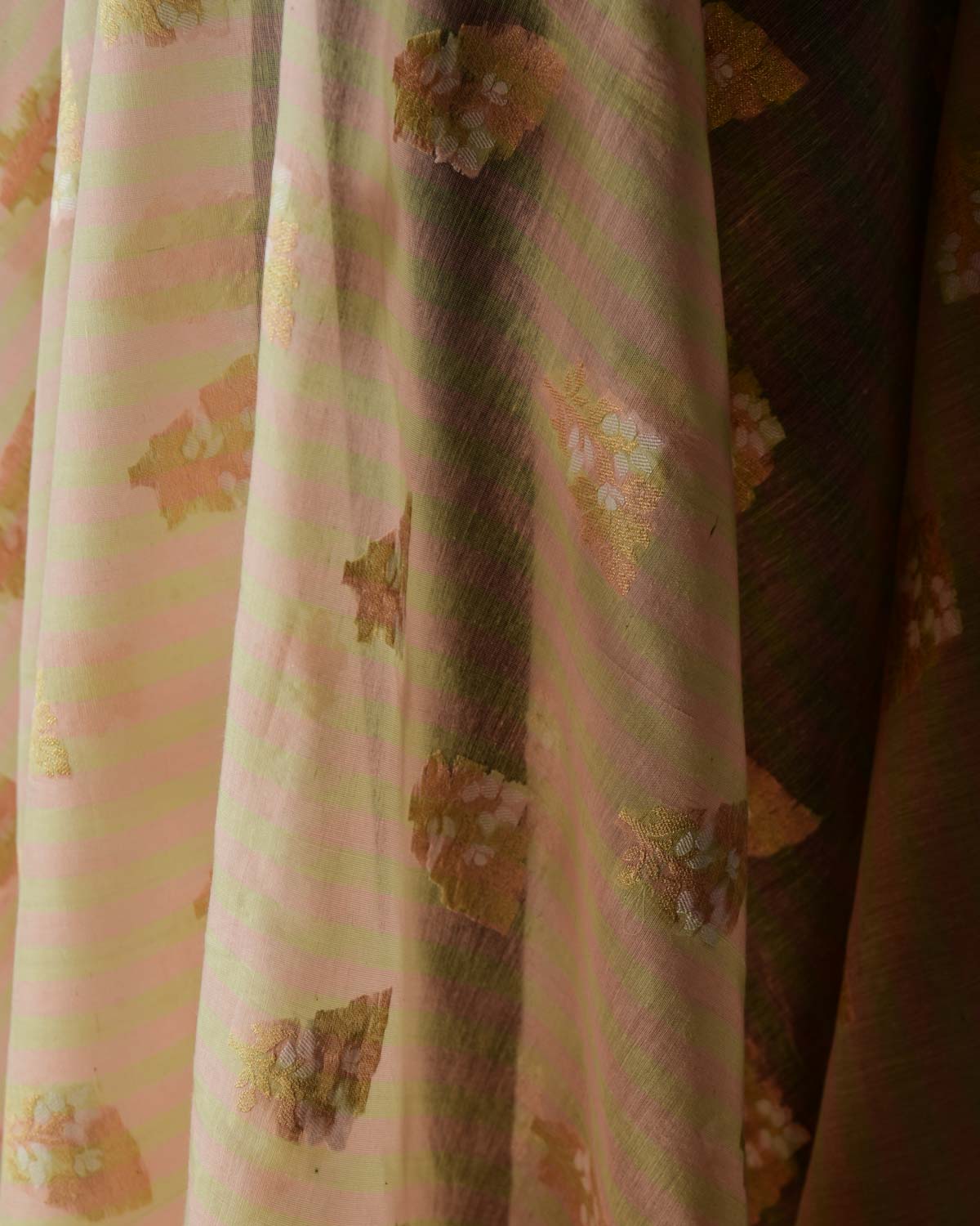 Striped Multi-color Alfi Resham & Zari Buti Cutwork Brocade Woven Cotton Silk Banarasi Fabric-HolyWeaves