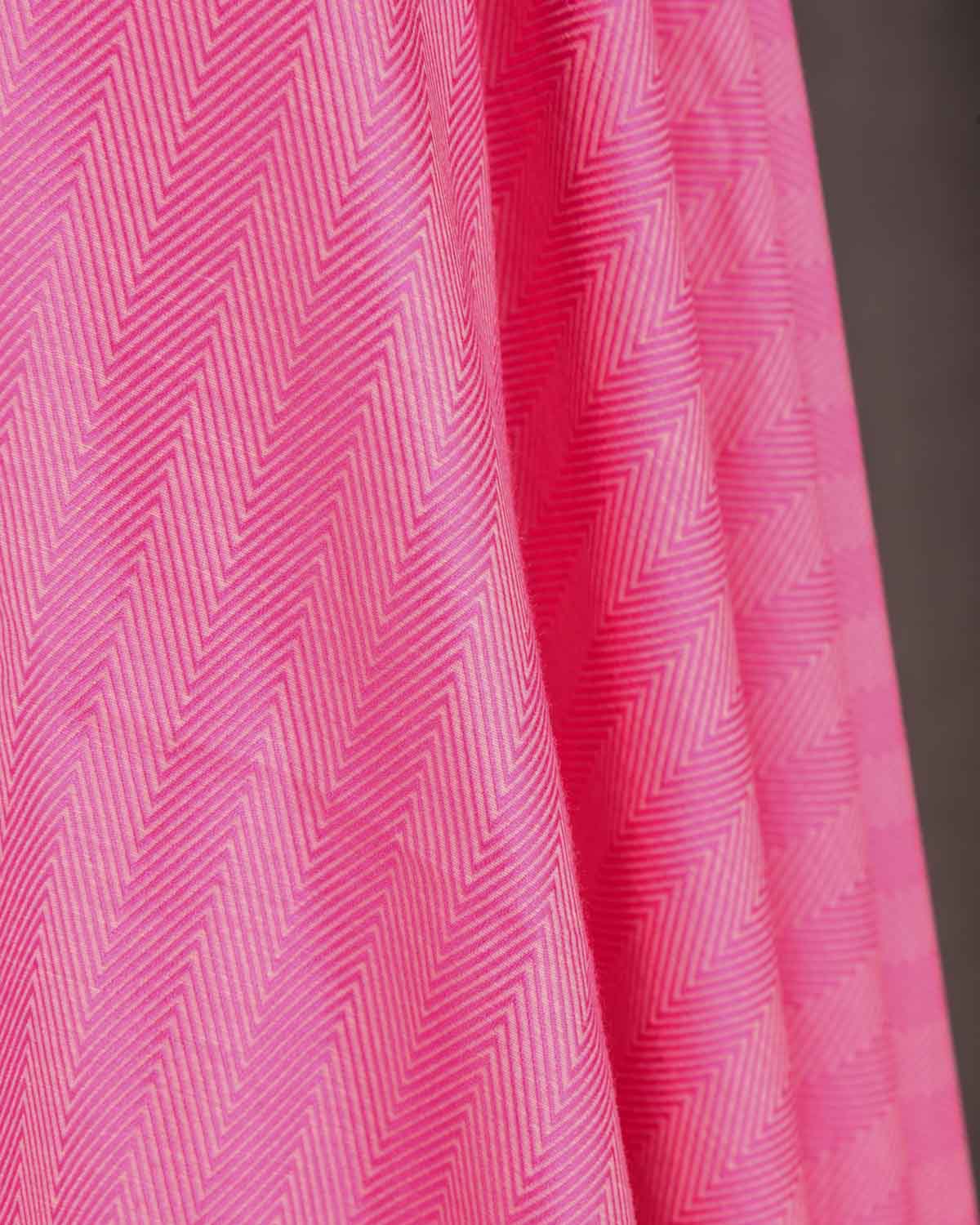 Pink Resham Chevron Stripes Brocade Woven Cotton Silk Banarasi Fabric-HolyWeaves