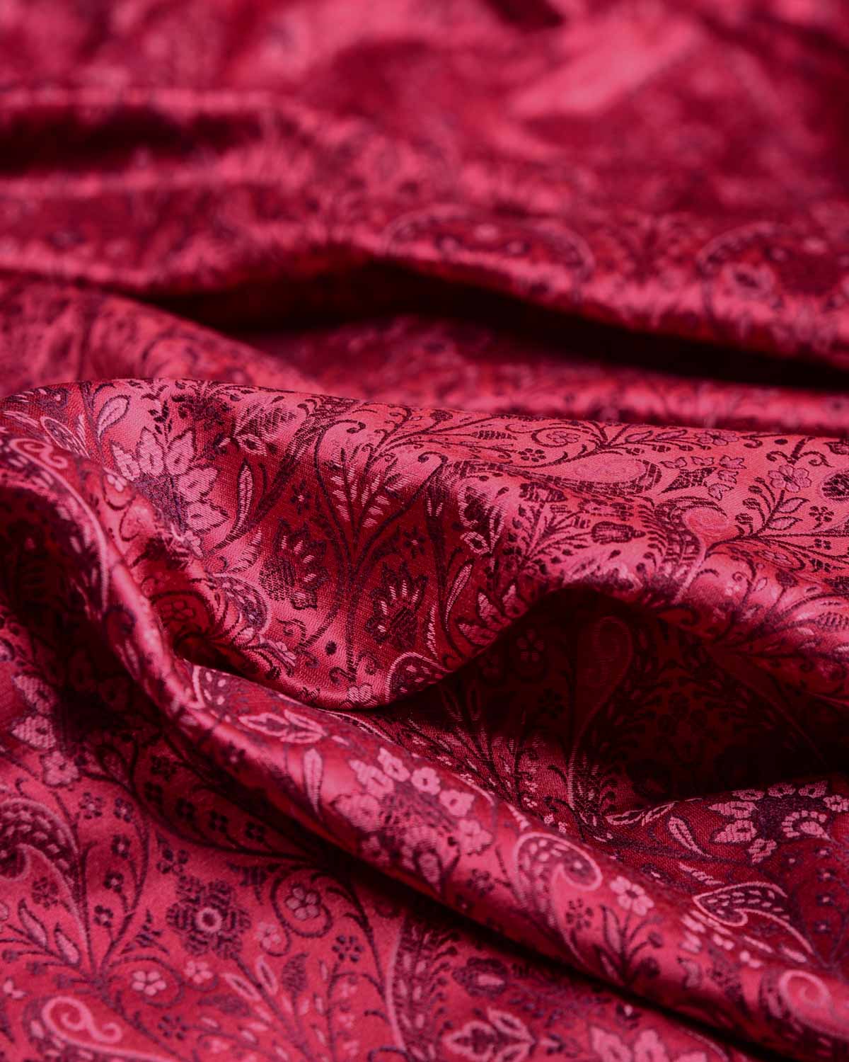 Red Satin Damask Jamawar Handwoven Katan Silk Banarasi Fabric-HolyWeaves