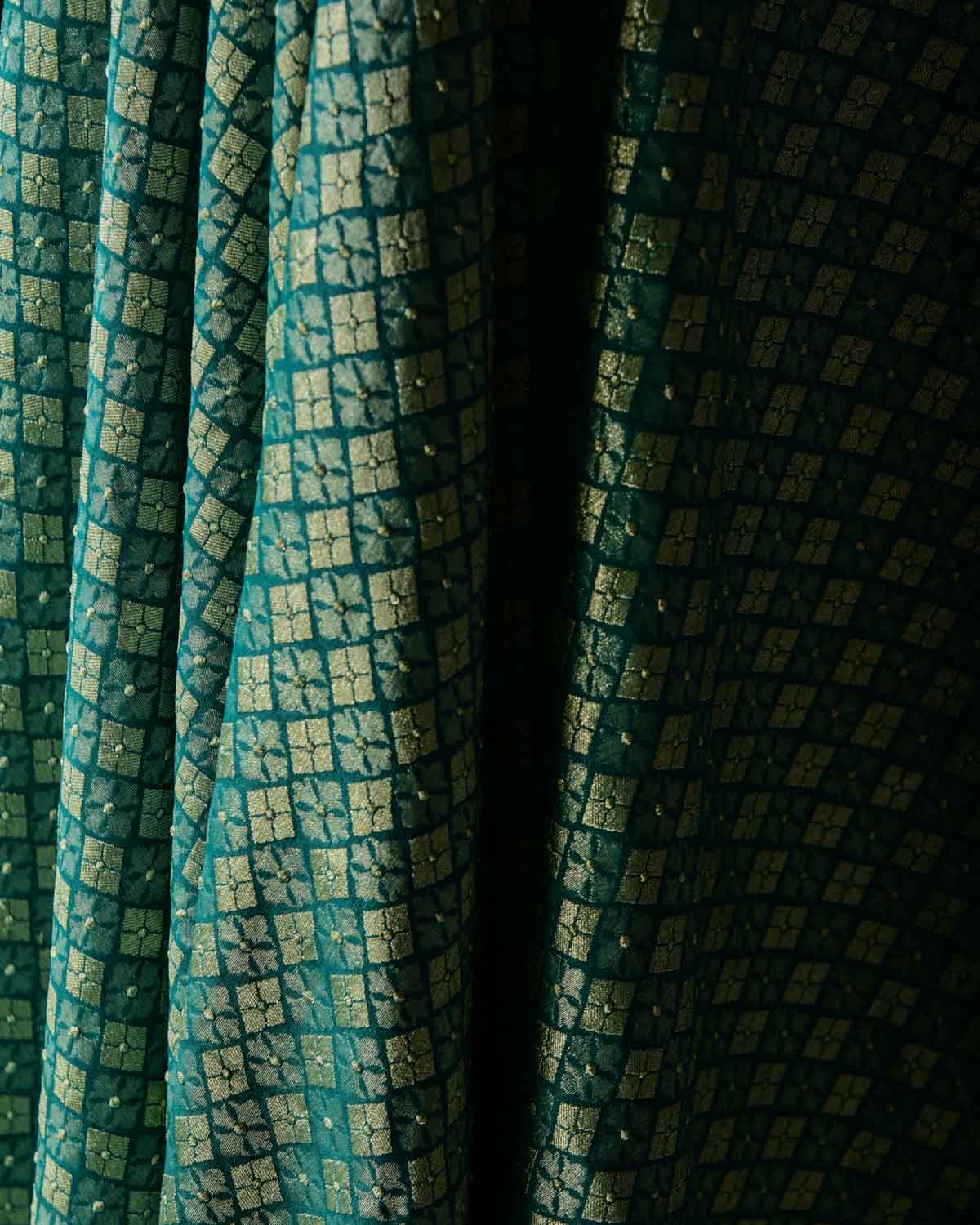 Rama Green Gold Zari Chaudani Buti Brocade Woven Muga Silk Banarasi Fabric-HolyWeaves