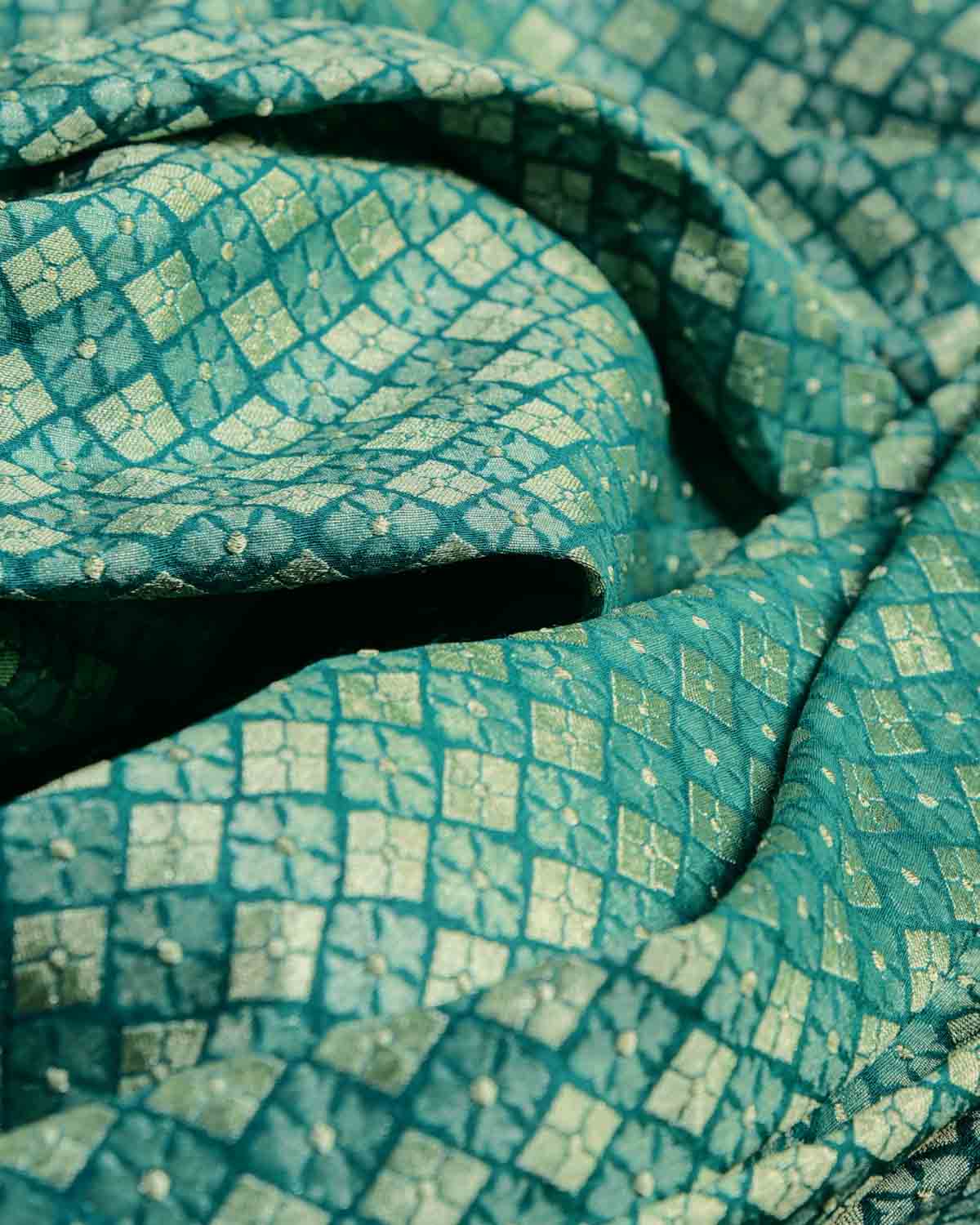 Rama Green Gold Zari Chaudani Buti Brocade Woven Muga Silk Banarasi Fabric-HolyWeaves